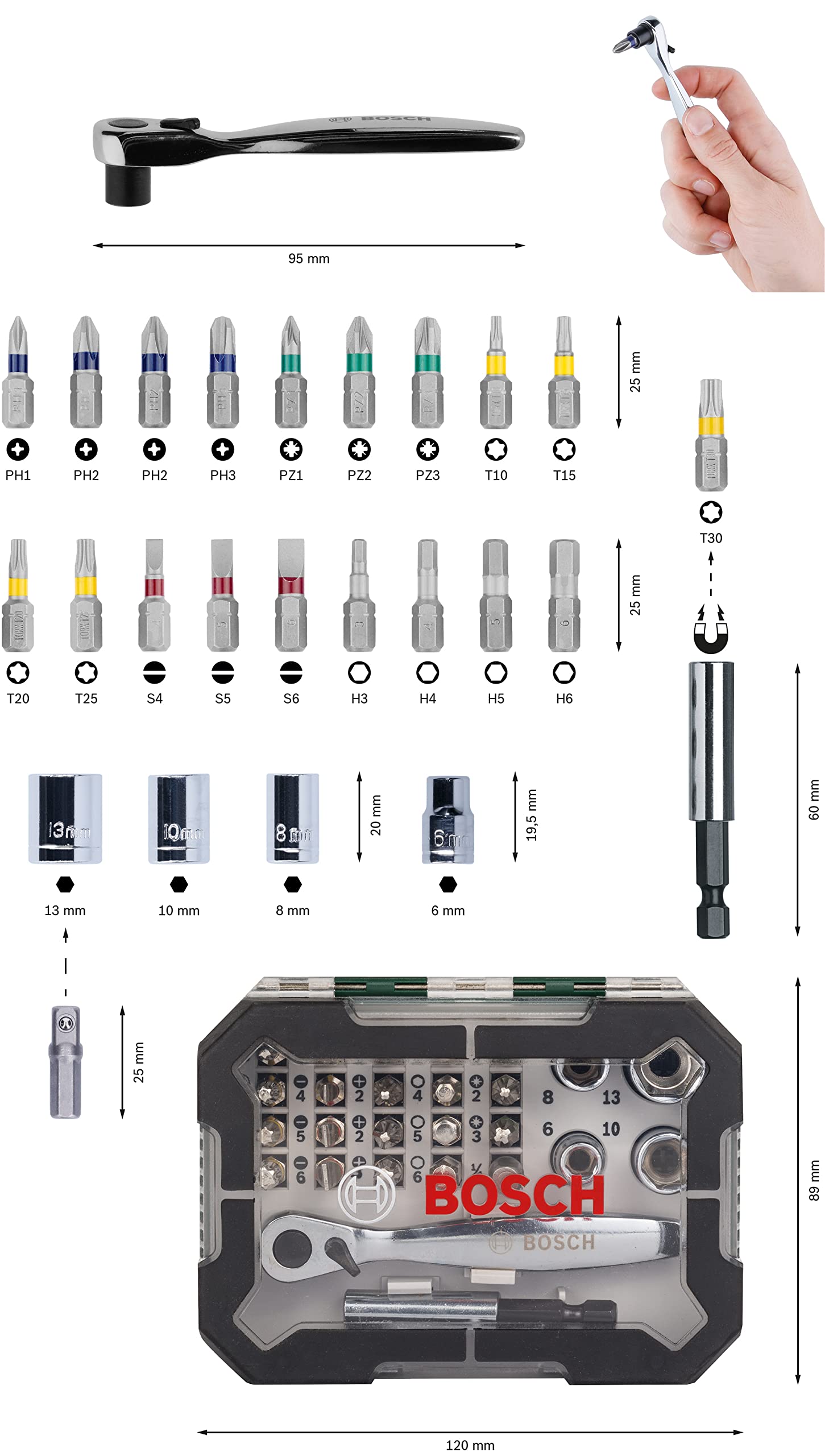 Bosch Jeu 26 embouts tournevis extra dur + cliquet