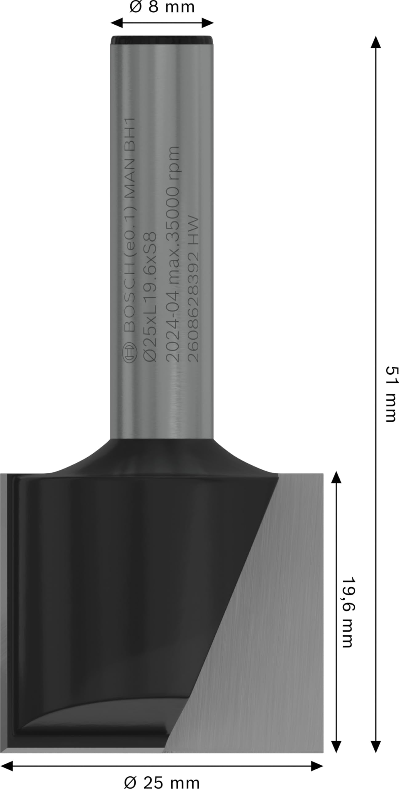 Bosch PRO fraise à rainurer droite Ø25 mm queue 8 mm bois