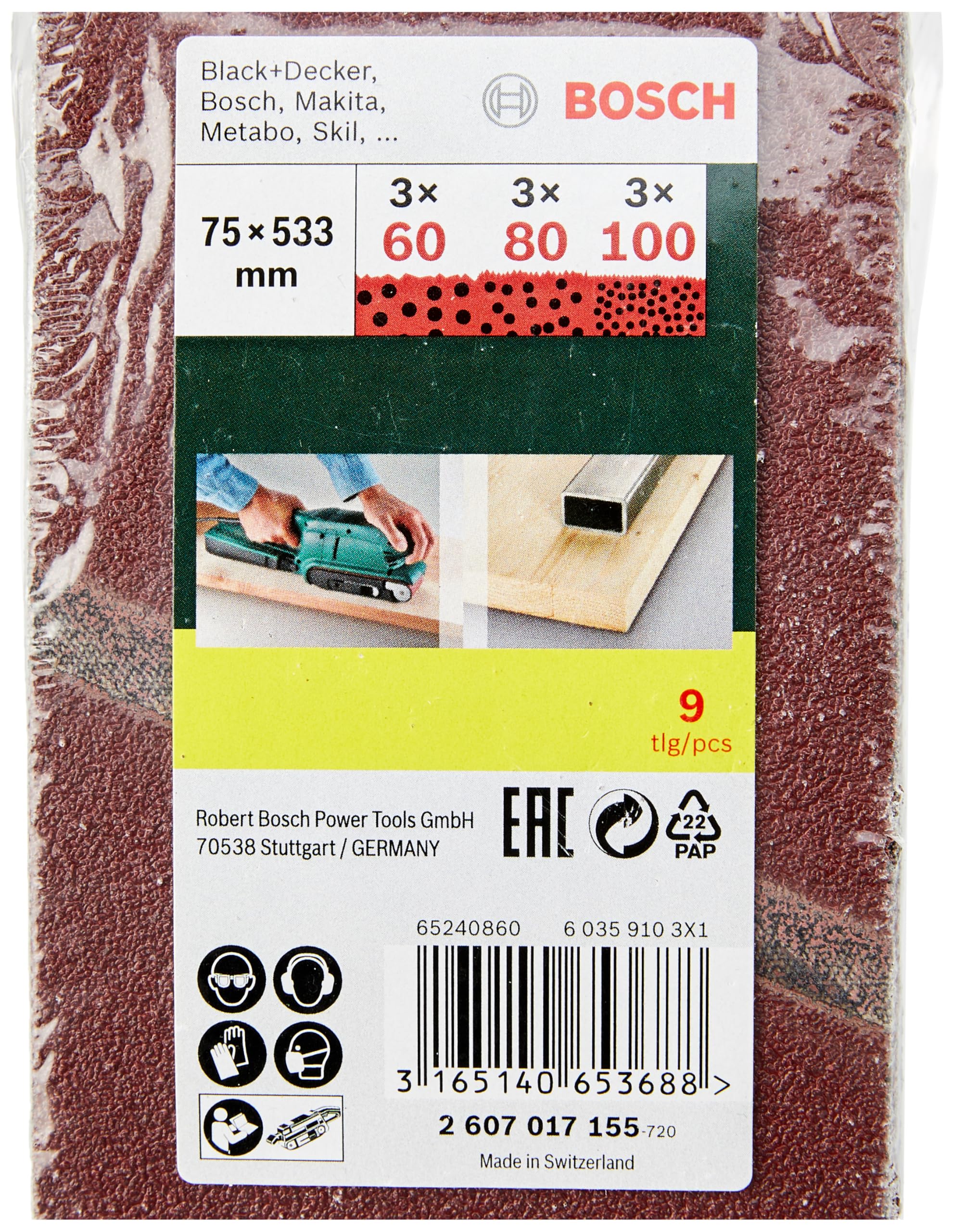 Bosch Kit 9 Bandes Abrasives 75x533 mm Grain 60/80/100