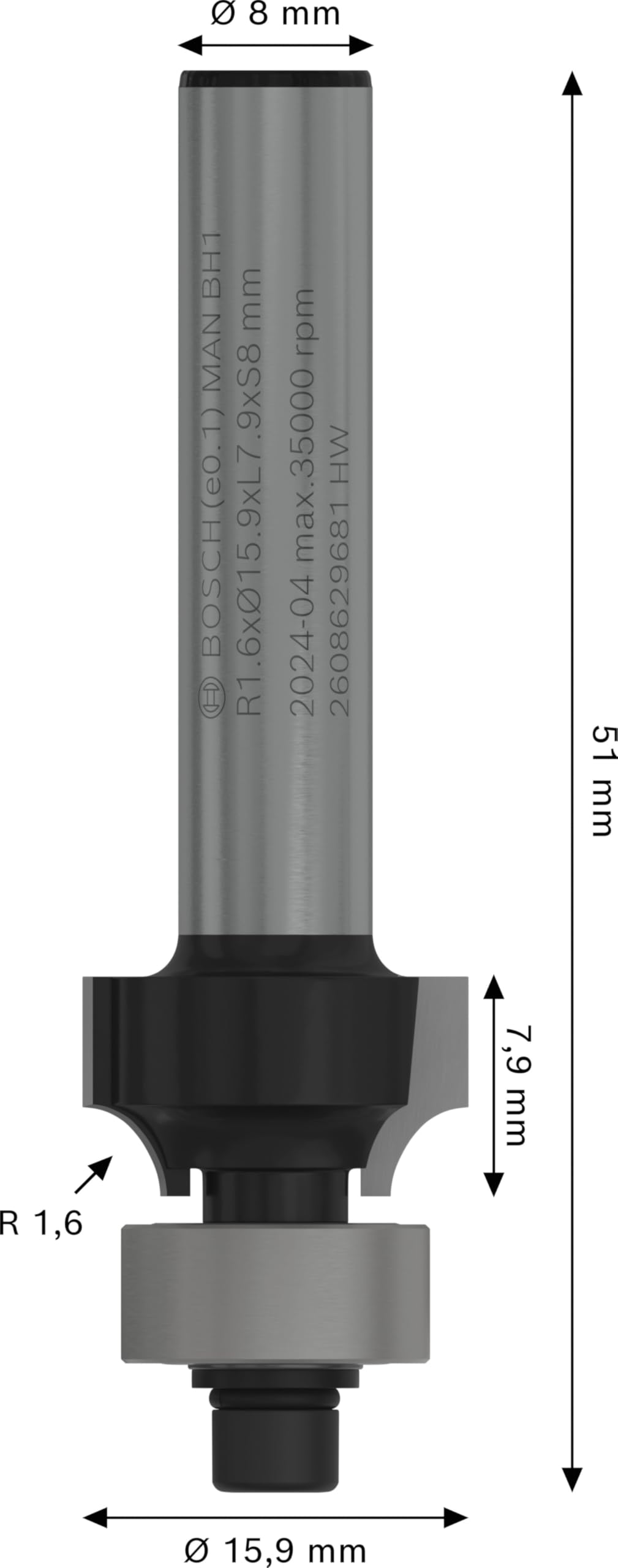 Bosch PRO fraise à arrondir R1,6 queue 8mm bois