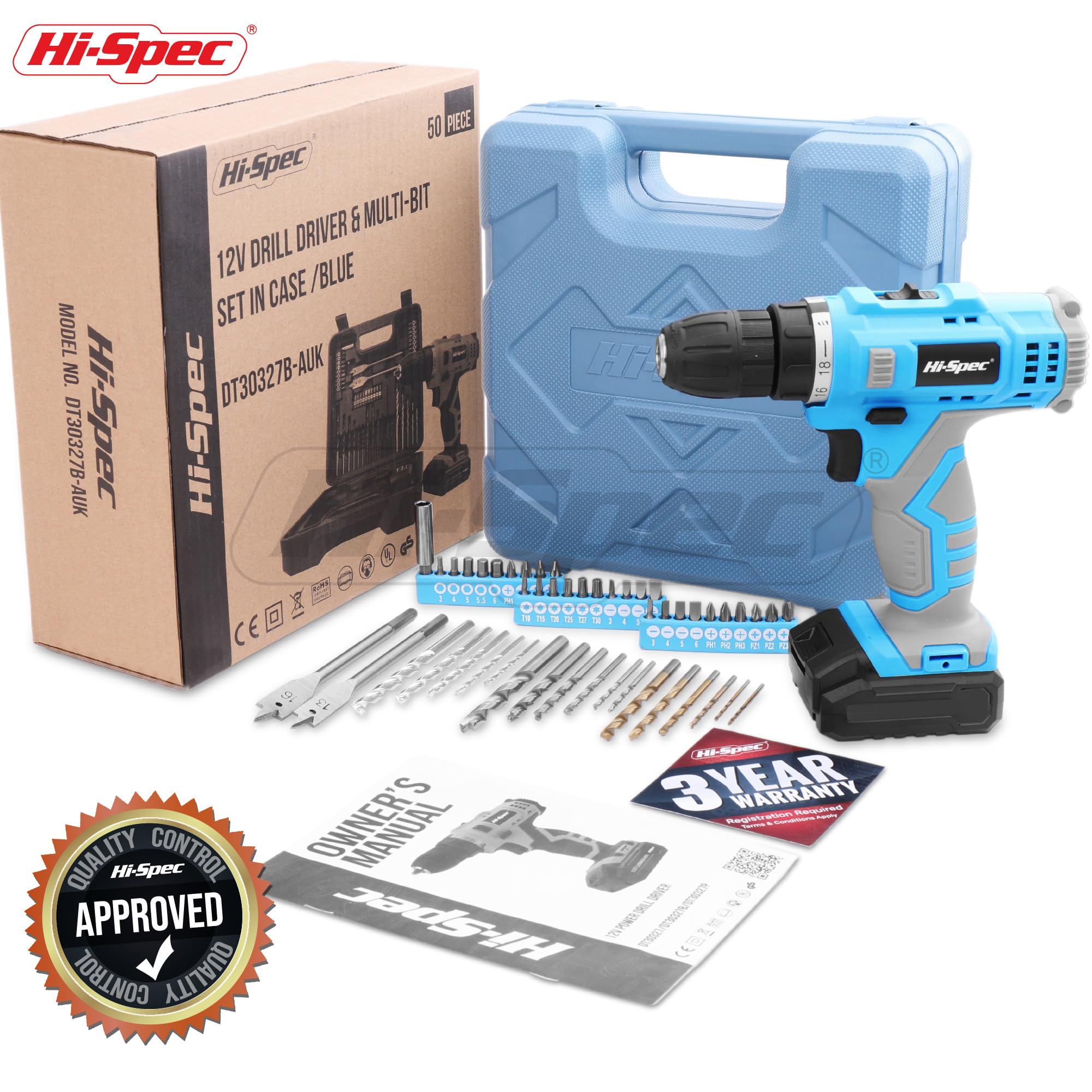 Hi-Spec Drill Drivers perceuse 12V bleue 50 pièces