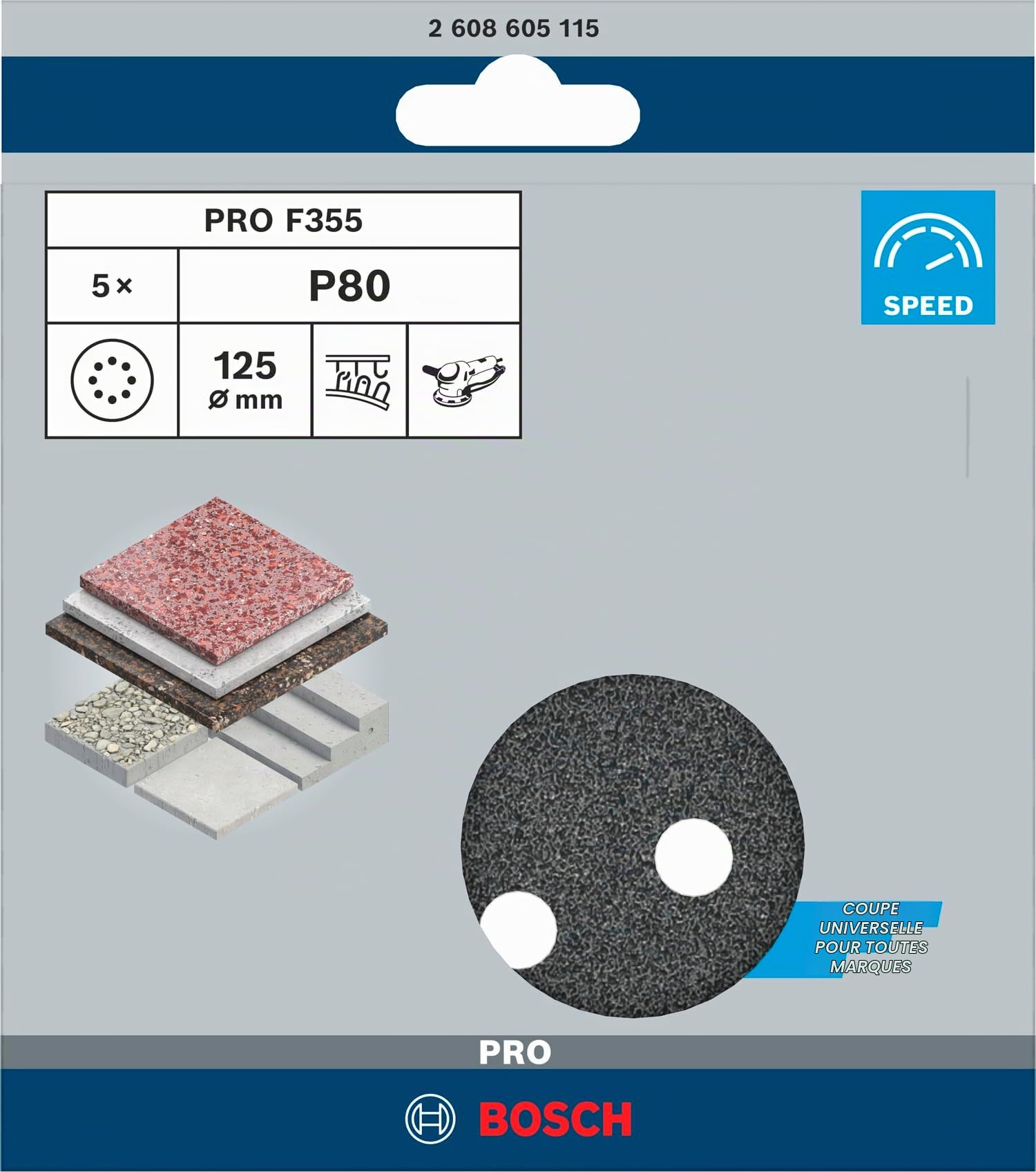 Bosch PRO F355 disque abrasif 125 mm G80 lot 5 pierre