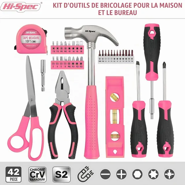 Hi-Spec Kit Outils Maison Rose 42 Pièces Mallette