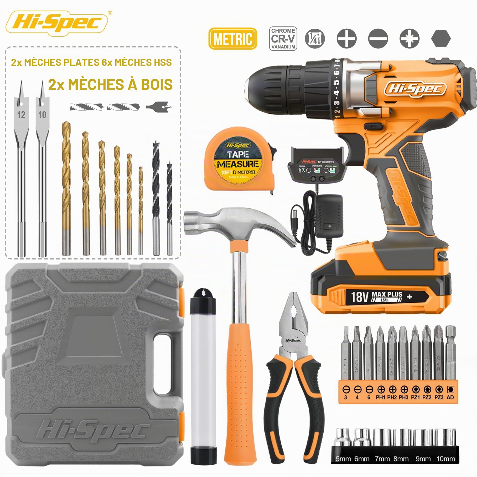 Hi-Spec Drill Drivers Perceuse 18V jaune coffret 30 pièces