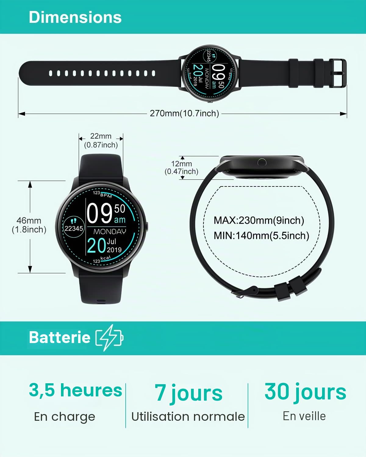 GRV Montres connectées smartwatch sport cardio 1,28" 