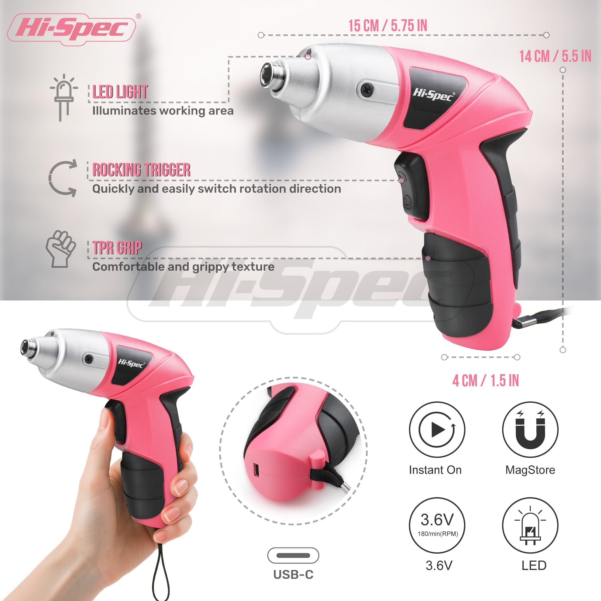 Hi-Spec Tournevis Électrique 3,6V Rose 27 Pièces Sans Fil