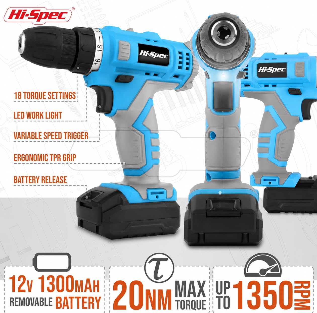 Hi-Spec Drill Drivers perceuse 12V bleue 50 pièces