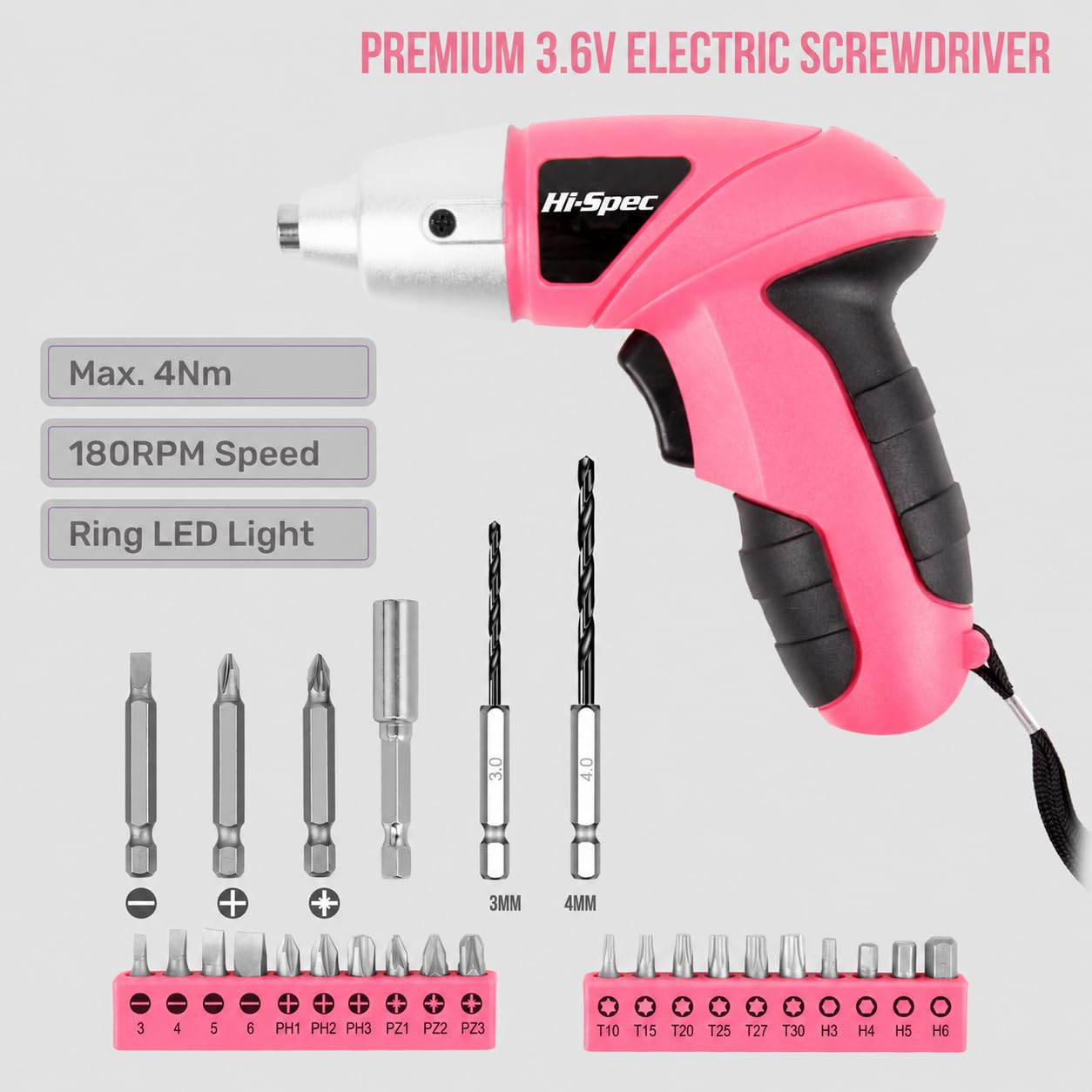 Hi-Spec Tournevis Électrique 3,6V Rose 27 Pièces Sans Fil