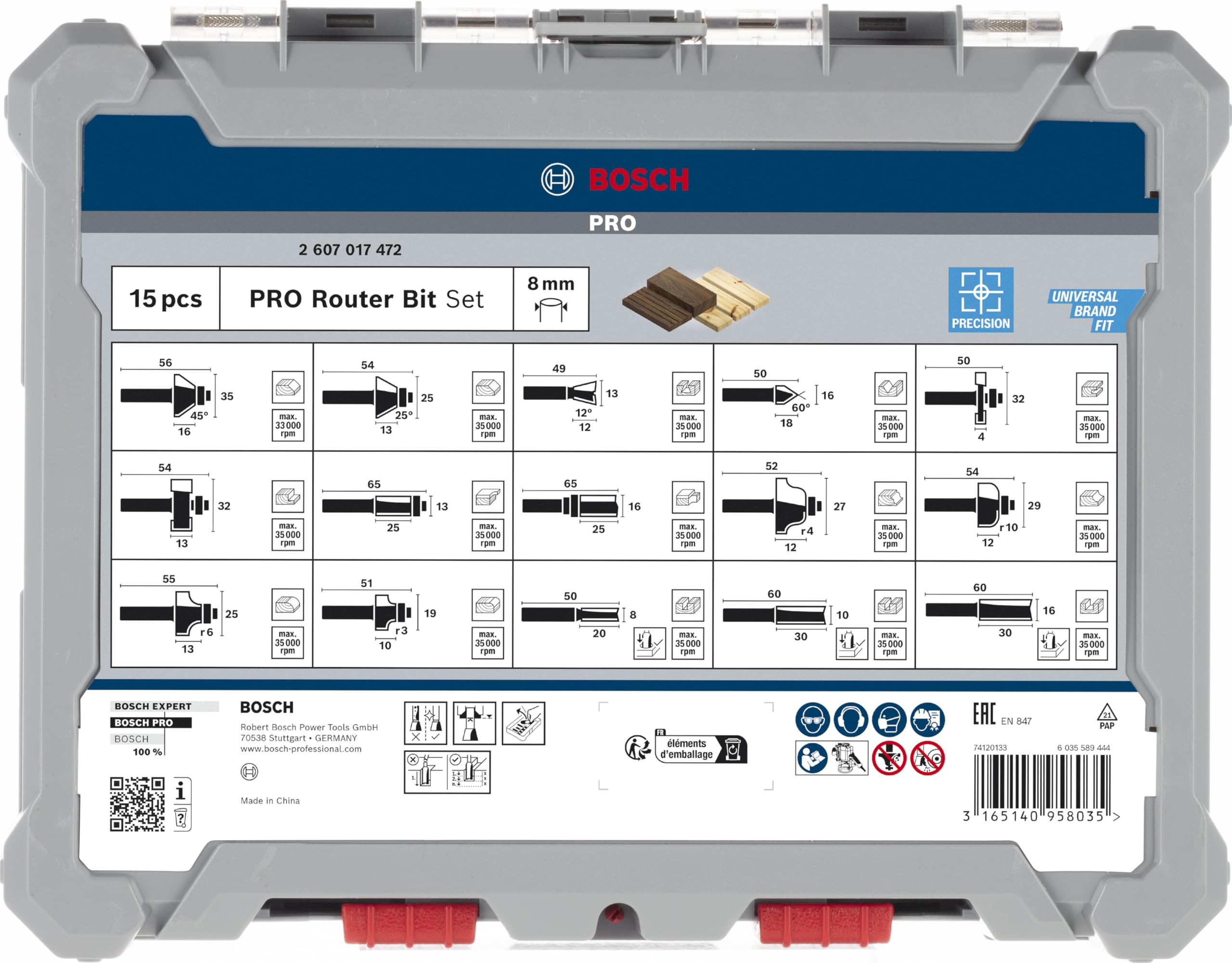 Bosch PRO kit fraises mixtes bois 15 pcs 8 mm