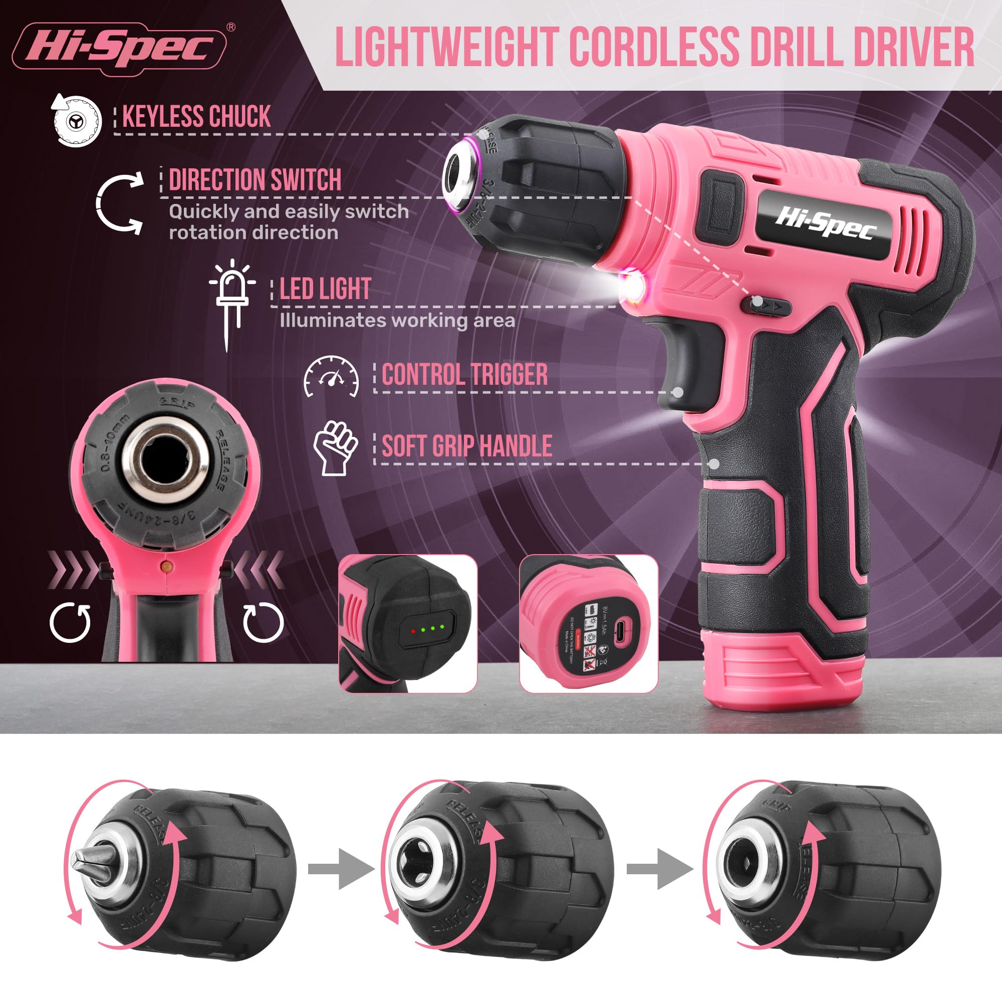 Hi-Spec Drill Drivers perceuse visseuse 8V rose mallette USB