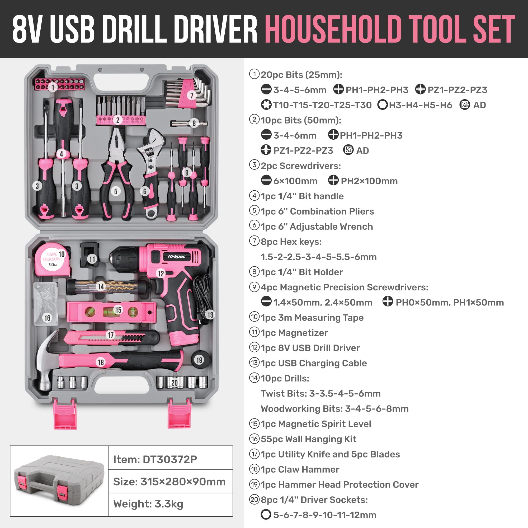 Hi-Spec Drill Drivers perceuse visseuse 8V rose mallette USB
