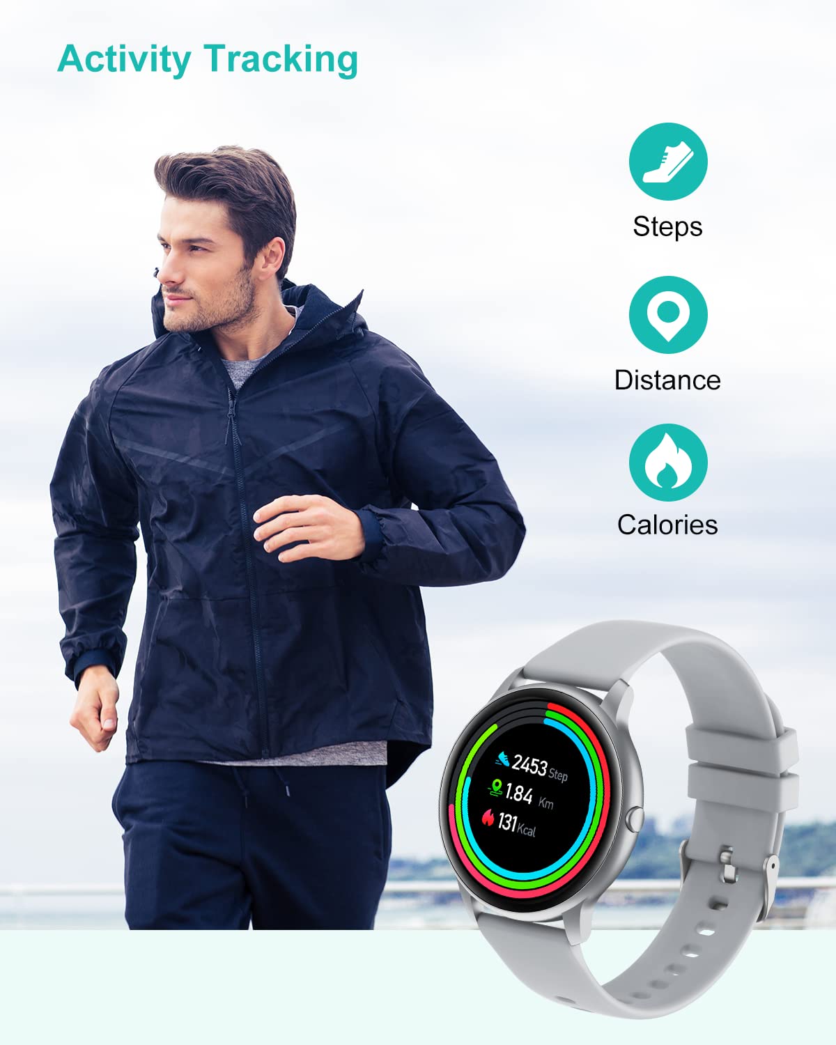 GRV Montre Connectée Smartwatch Gris + Cardio 13 Modes
