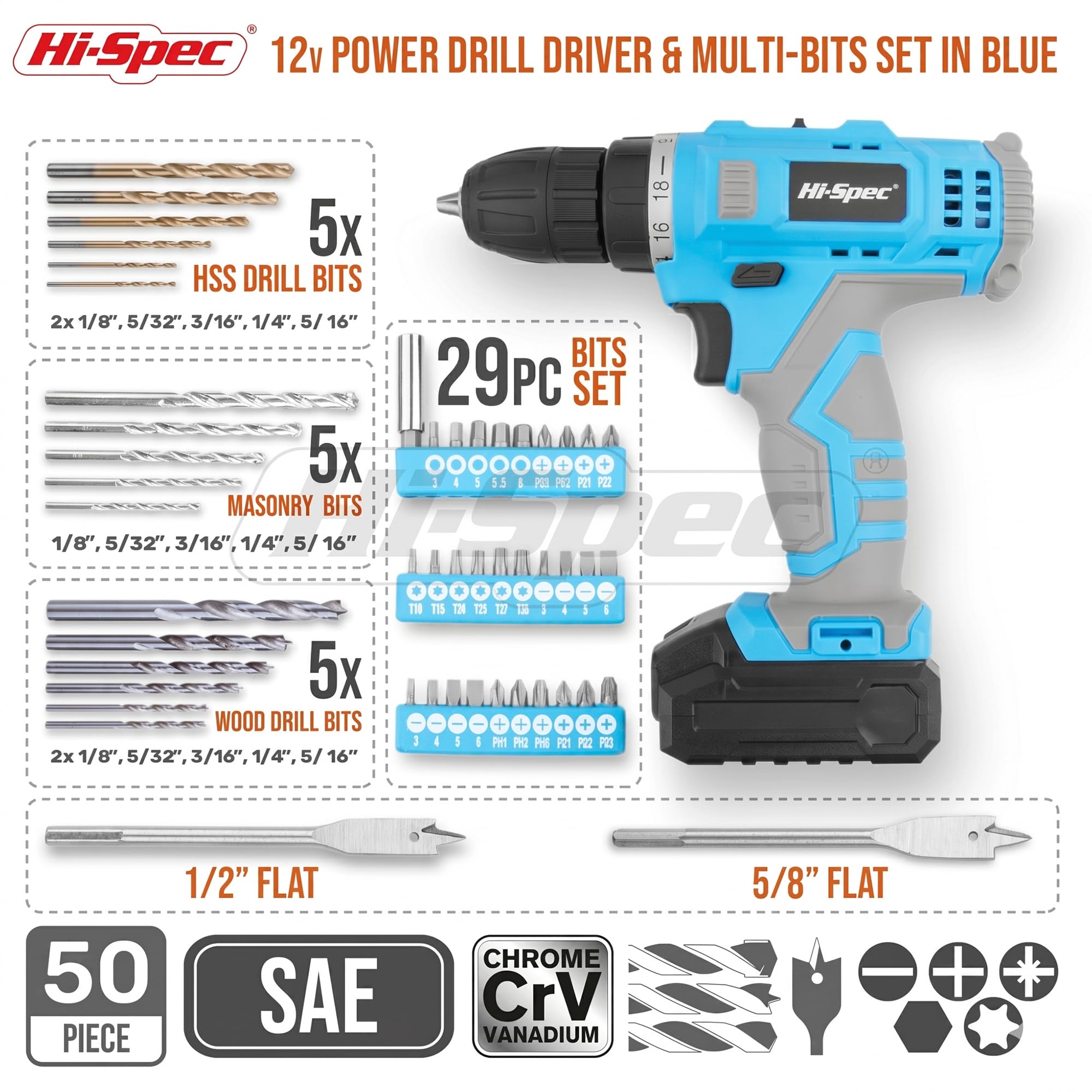 Hi-Spec Drill Drivers perceuse 12V bleue 50 pièces