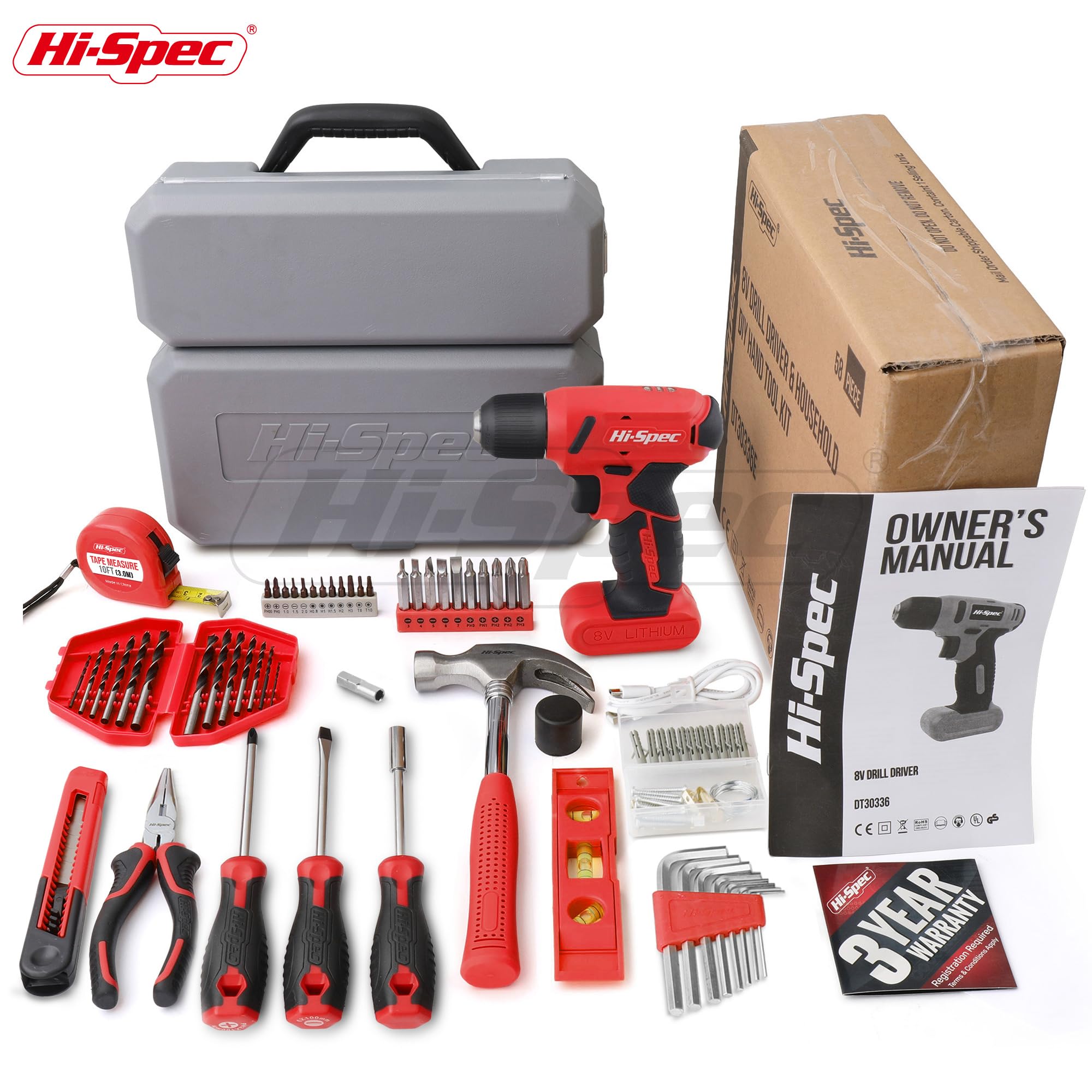 Hi-Spec Drill Drivers perceuse 8V rouge 58 pièces