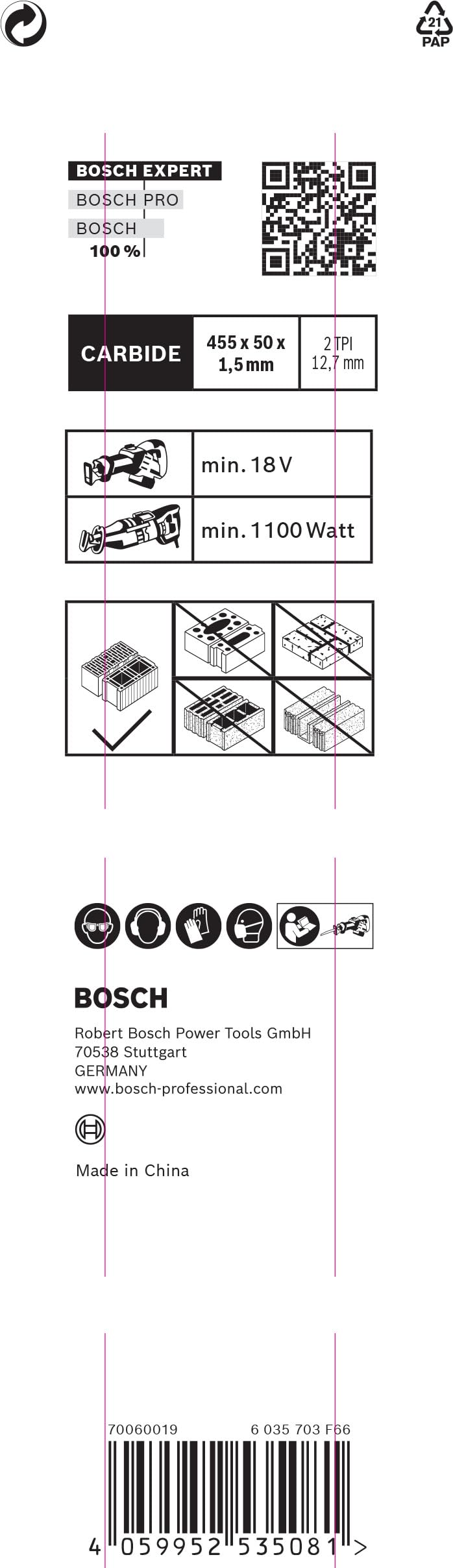 Bosch Expert Hollow Brick lame scie sabre 455 mm brique