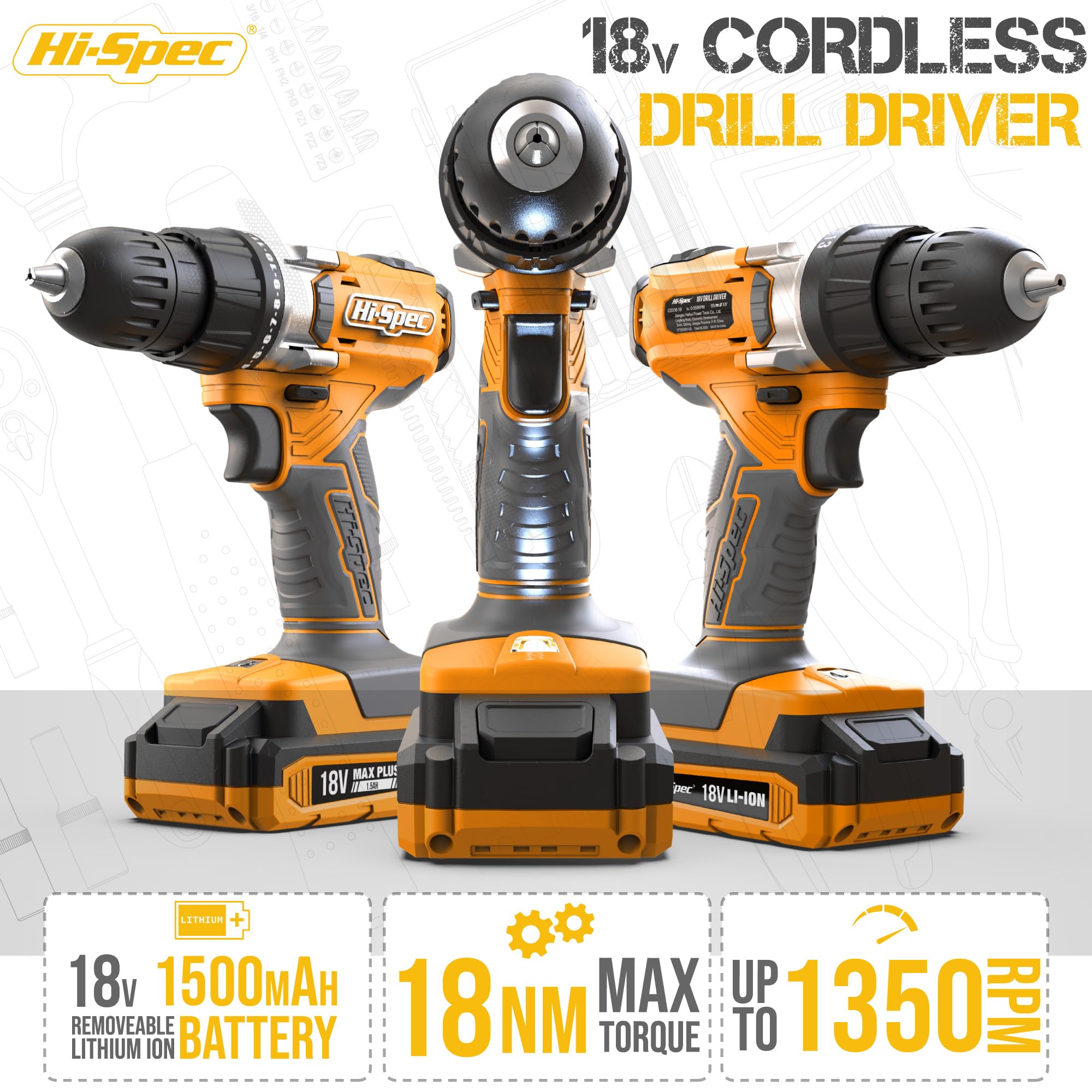 Hi-Spec Drill Drivers Perceuse 18V jaune coffret 30 pièces