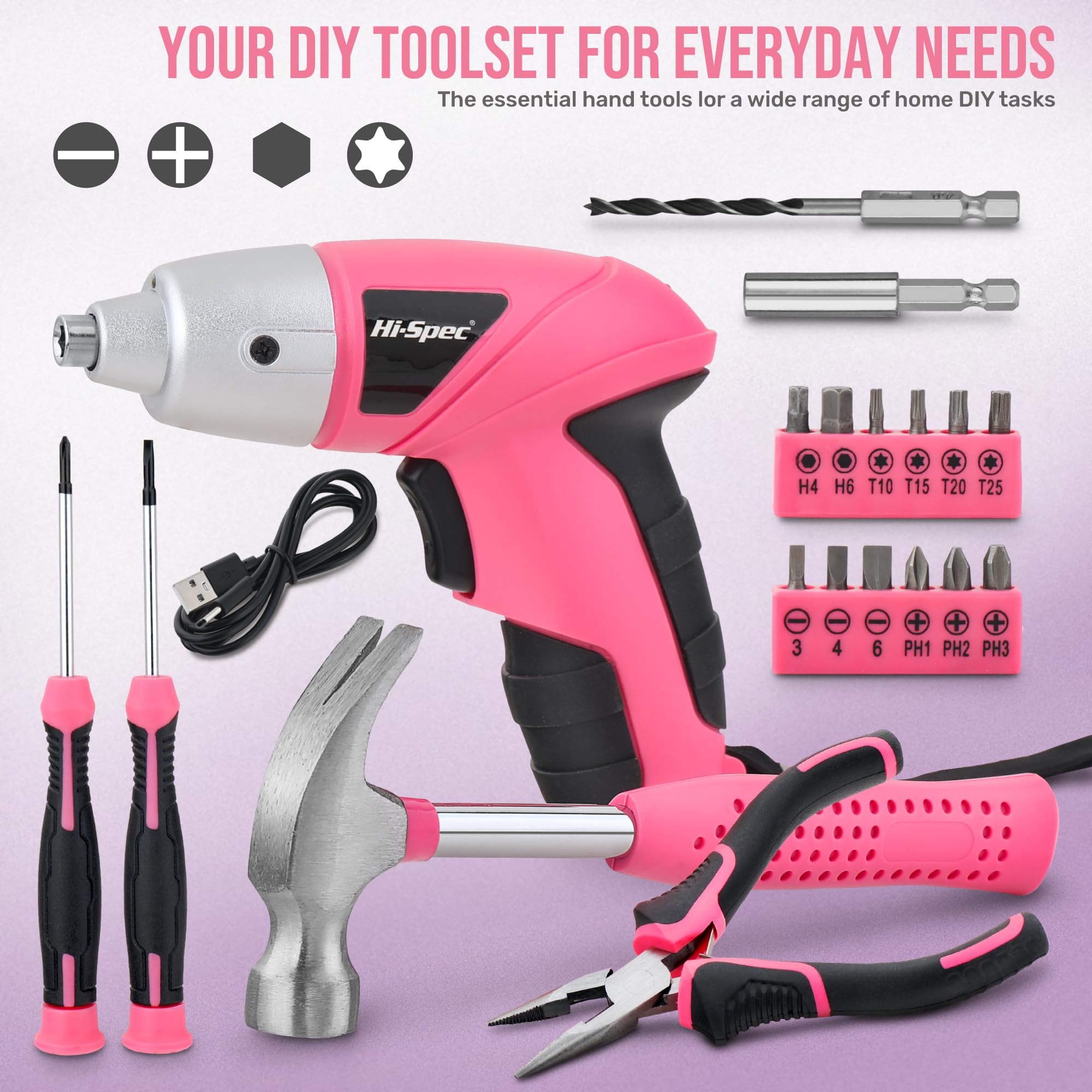 Hi-Spec Cordless Screwdrivers visseuse 3,6V rose+vert 2x19 pcs