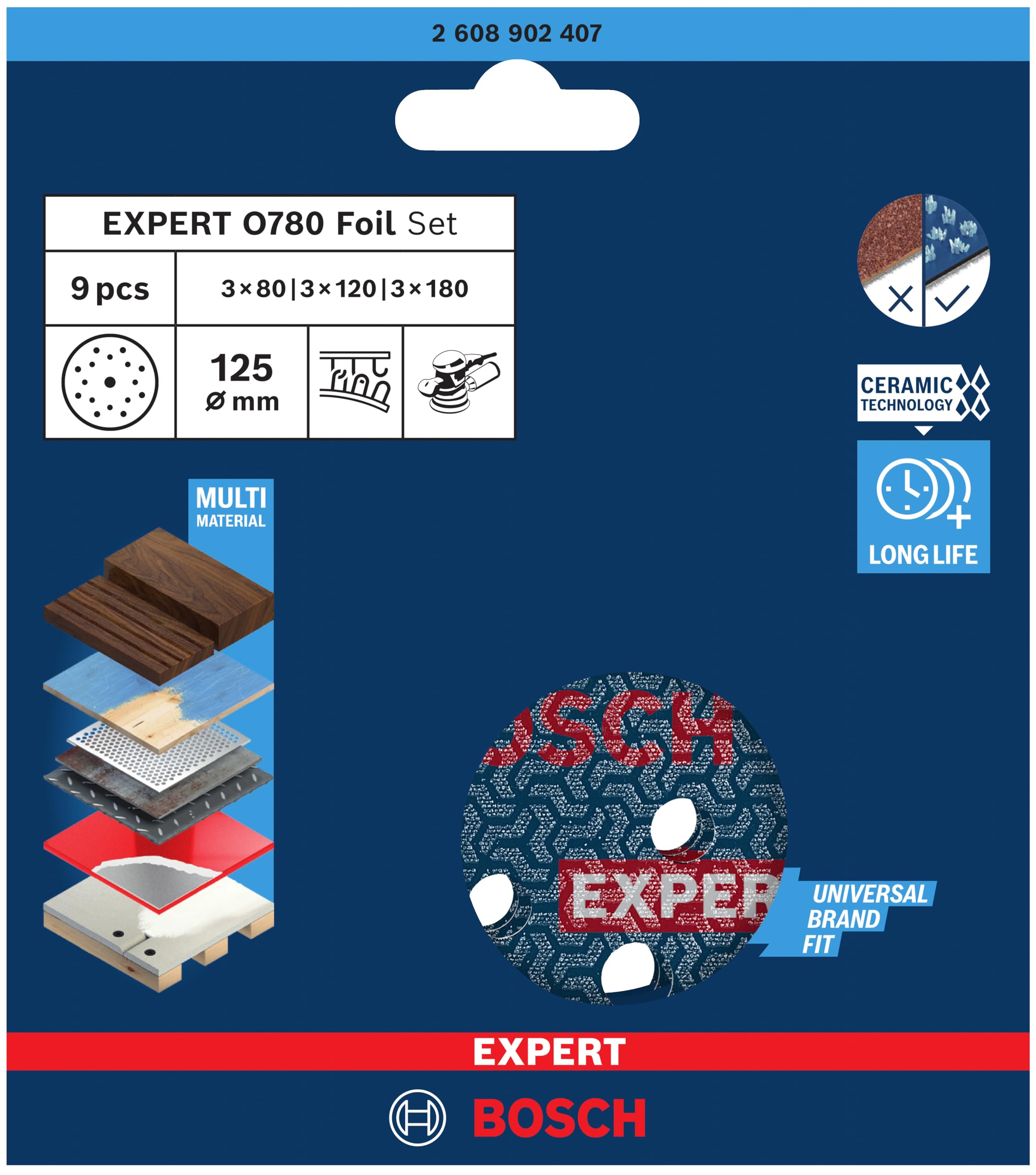 Bosch EXPERT O780 disques film 125 mm grains 80-180 x9