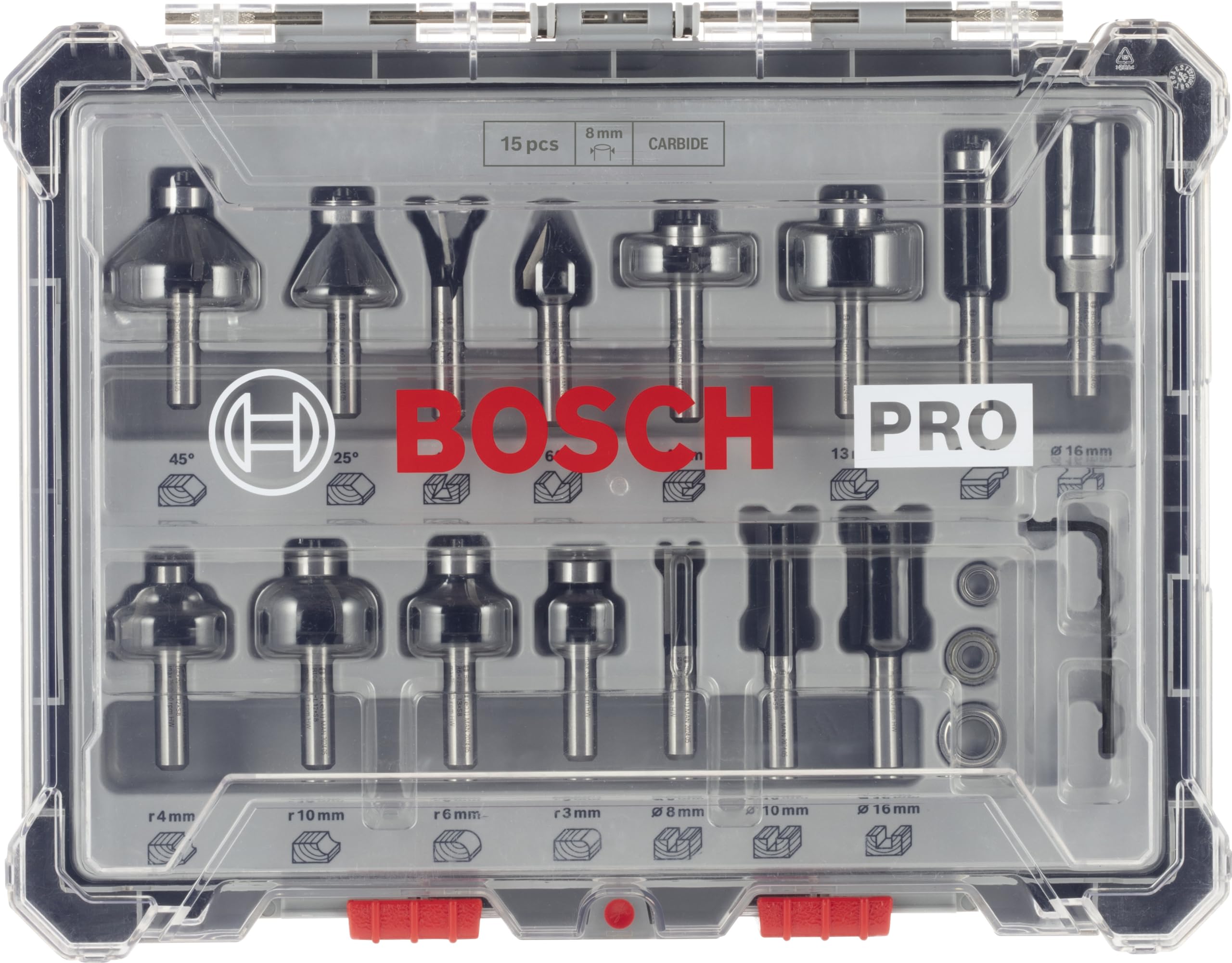 Bosch PRO kit fraises mixtes bois 15 pcs 8 mm