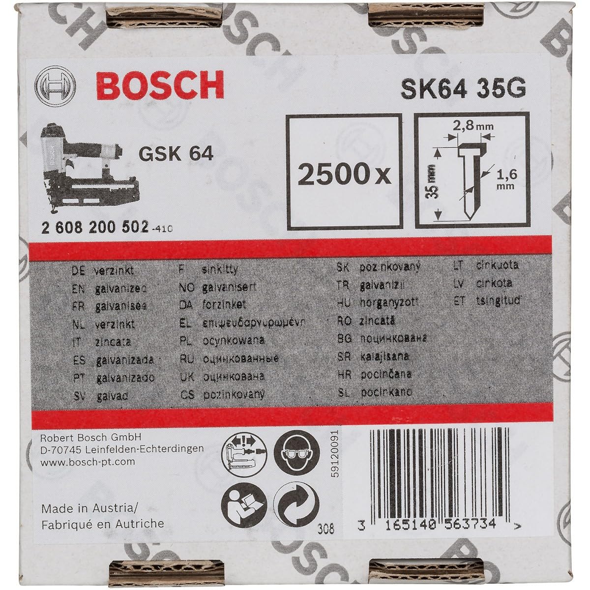 Bosch pointes galvanisées 63 mm x 2 mm lot 2500