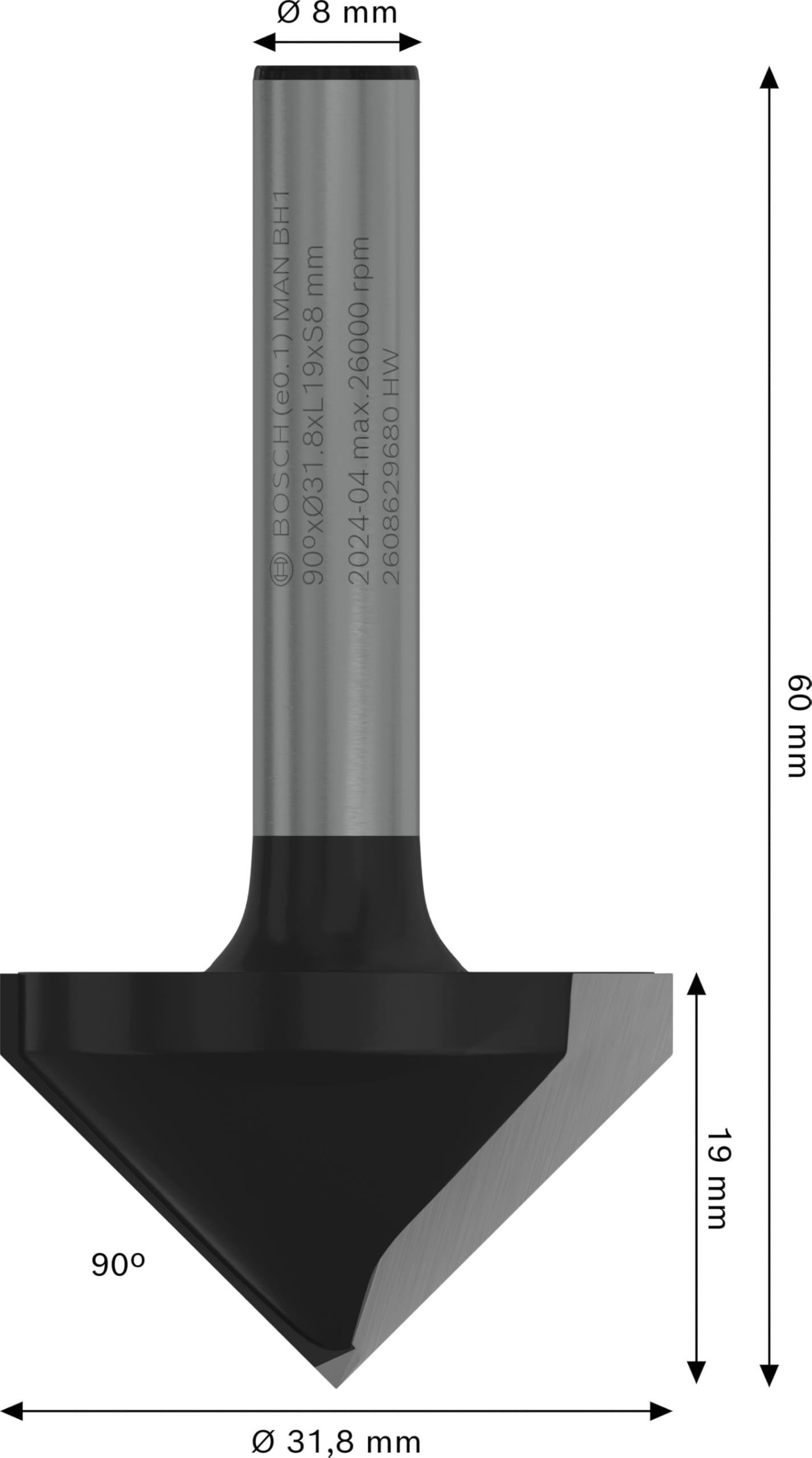 Bosch Pro fraise à rainurer en V 90° 31,8 mm queue 8 mm