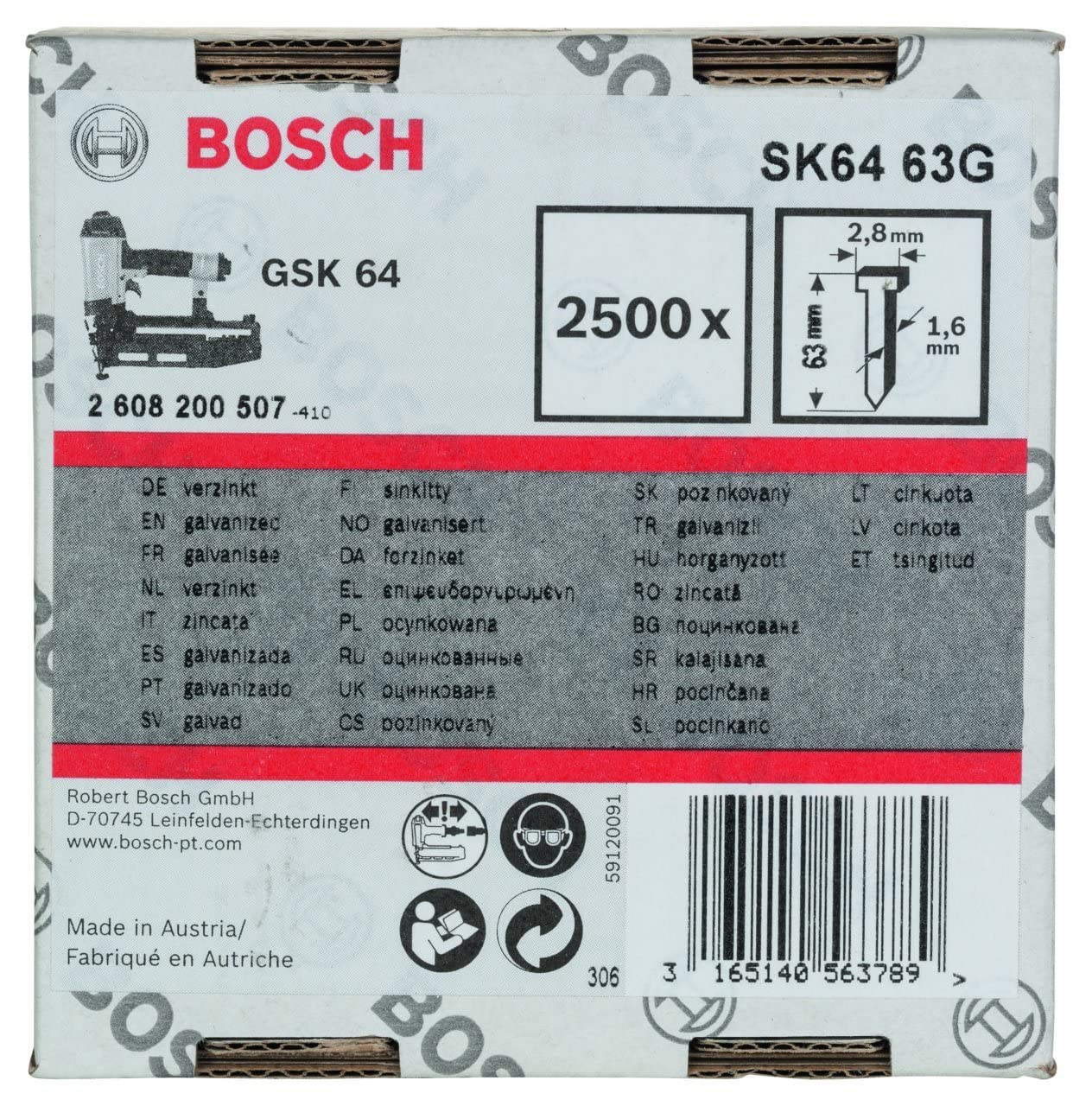 Bosch pointes galvanisées 63 mm x 2 mm lot 2500