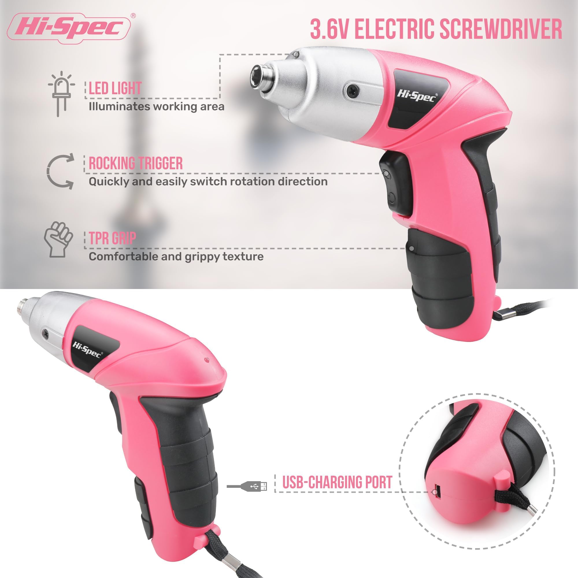 Hi-Spec Tournevis Électrique 3,6V Rose 27 Pièces Sans Fil
