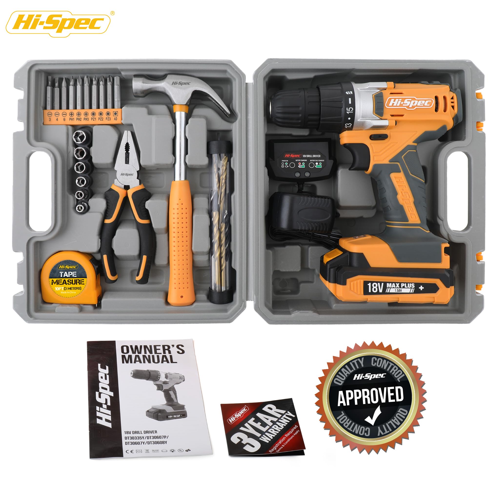Hi-Spec Drill Drivers Perceuse 18V jaune coffret 30 pièces