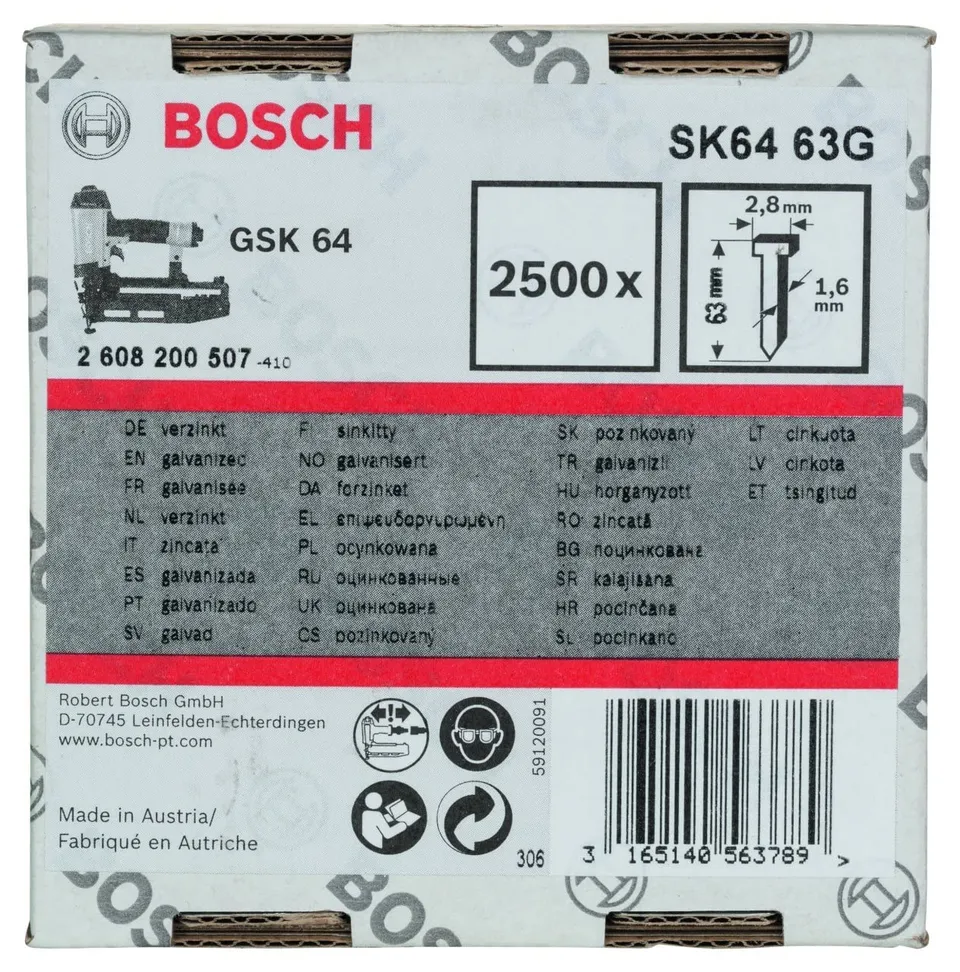 Bosch pointes galvanisées 63 mm x 2 mm lot 2500