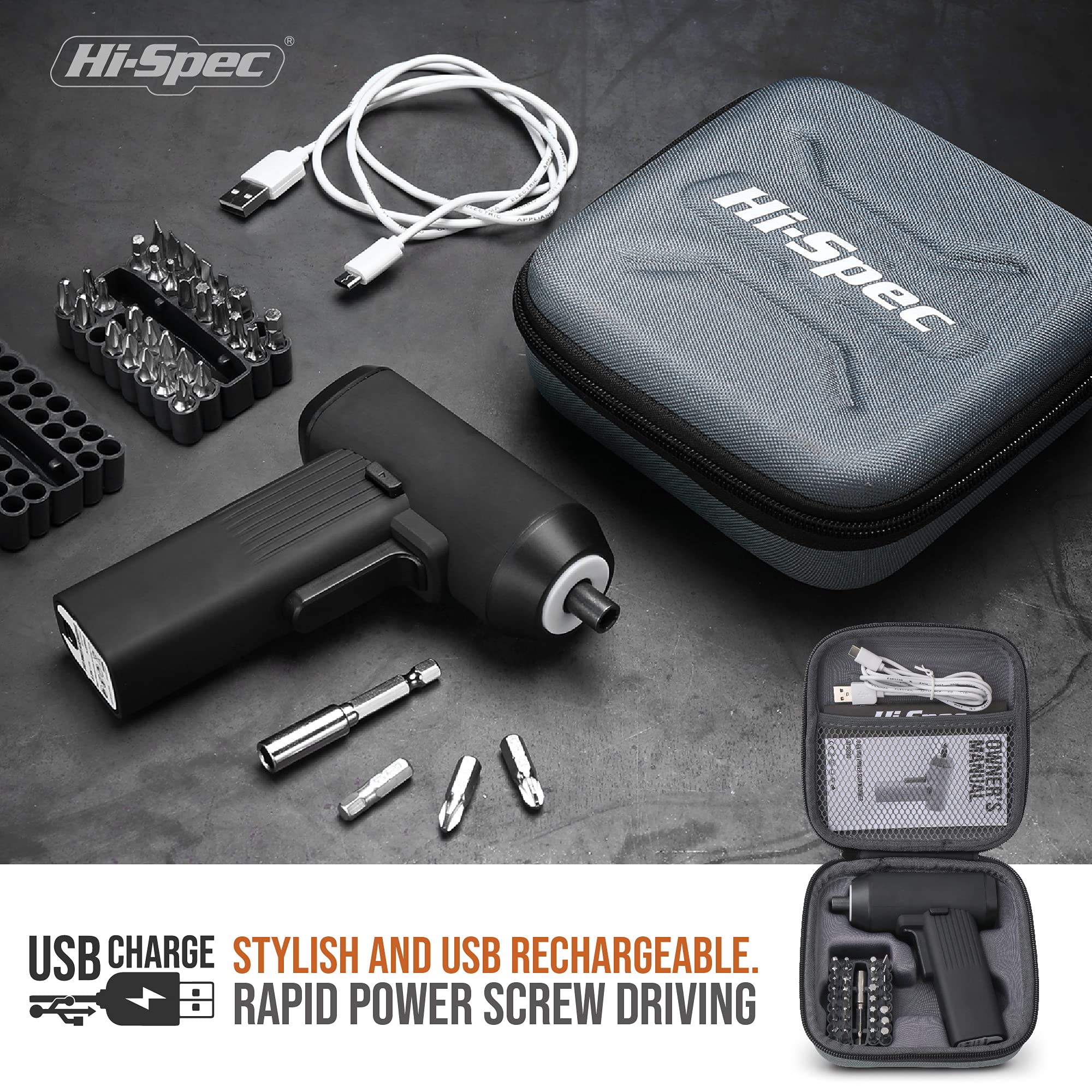 Hi-Spec visseuse sans fil 3,6V noire 33 embouts USB