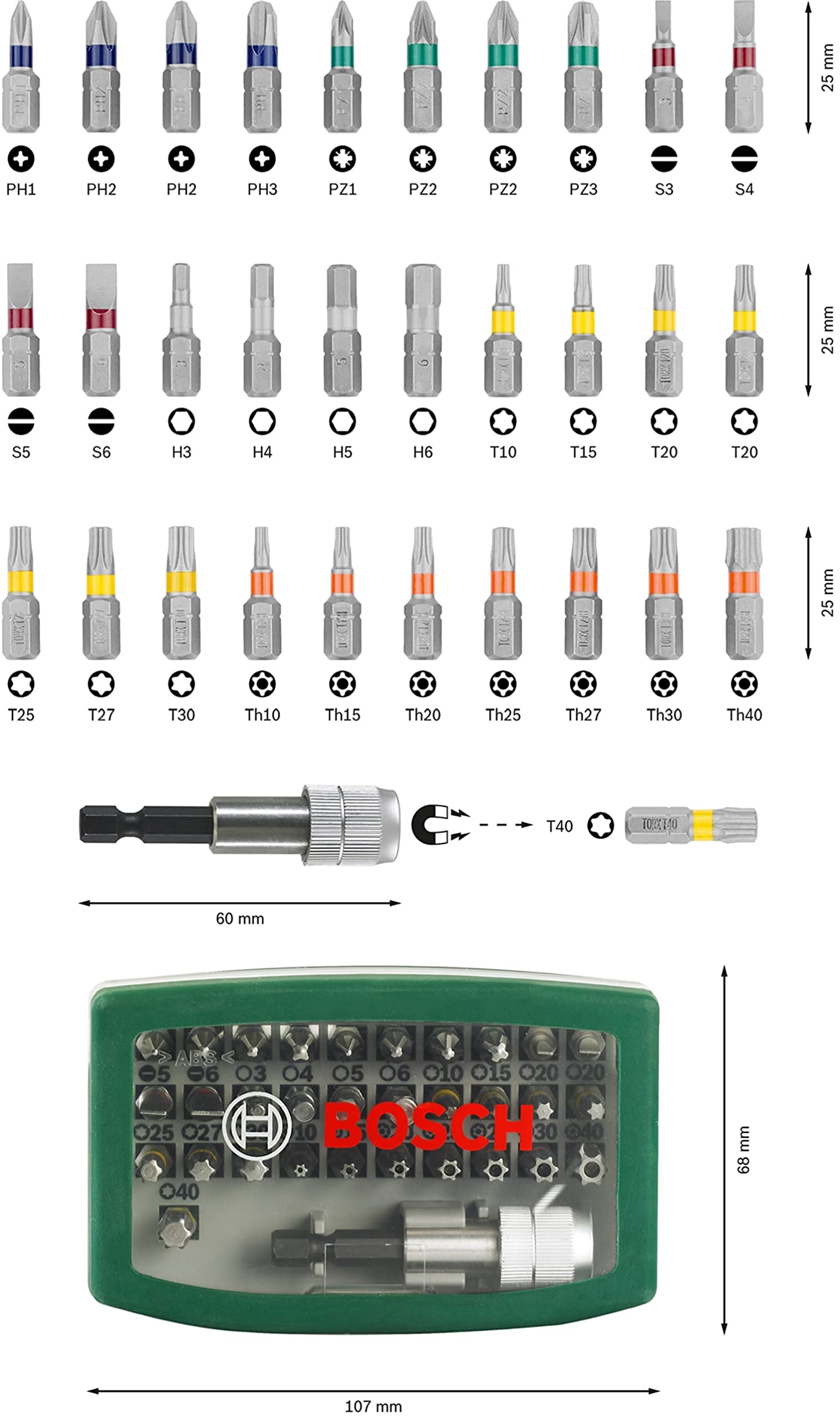 Bosch jeu embouts vissage 32 pièces code couleur tournevis