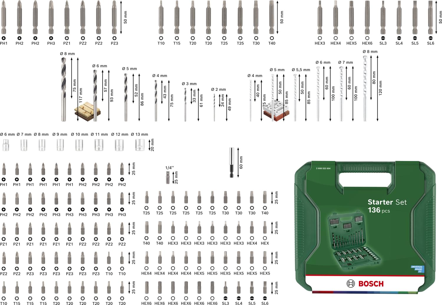 Bosch Sets combinés Grand 136 pièces coffret perçage vissage