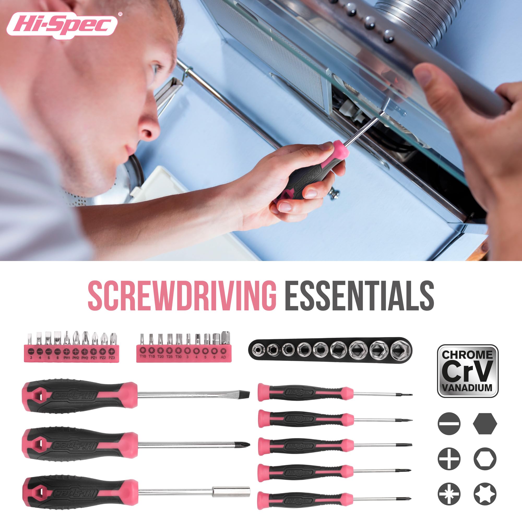Hi-Spec Tool Kits mallette à outils 56 pièces rose marteau