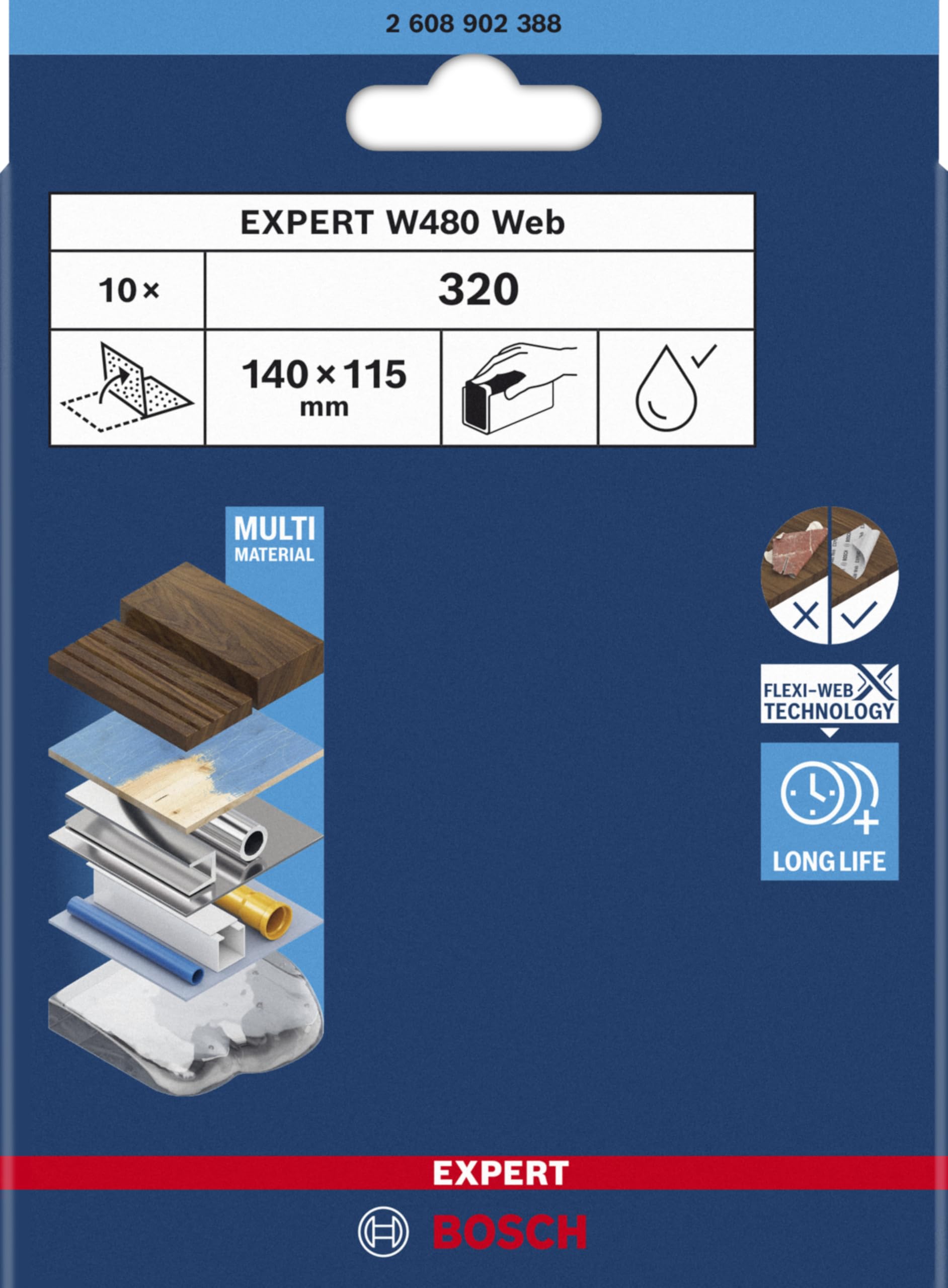 Bosch Expert W480 Web feuille abrasive 115x140 grains 120-320 9 pcs