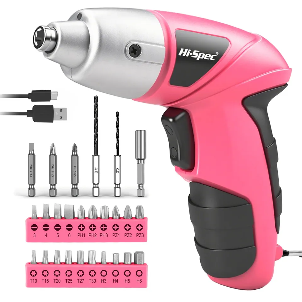 Hi-Spec Tournevis Électrique 3,6V Rose 27 Pièces Sans Fil