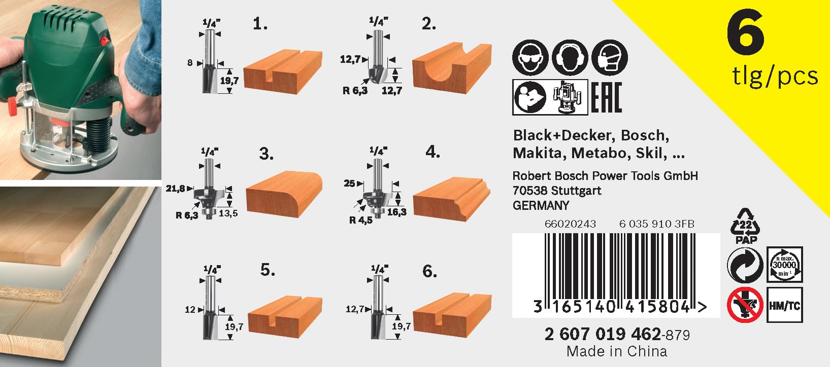 Bosch coffret 6 fraises carbure bois queue 6 mm défonceuse
