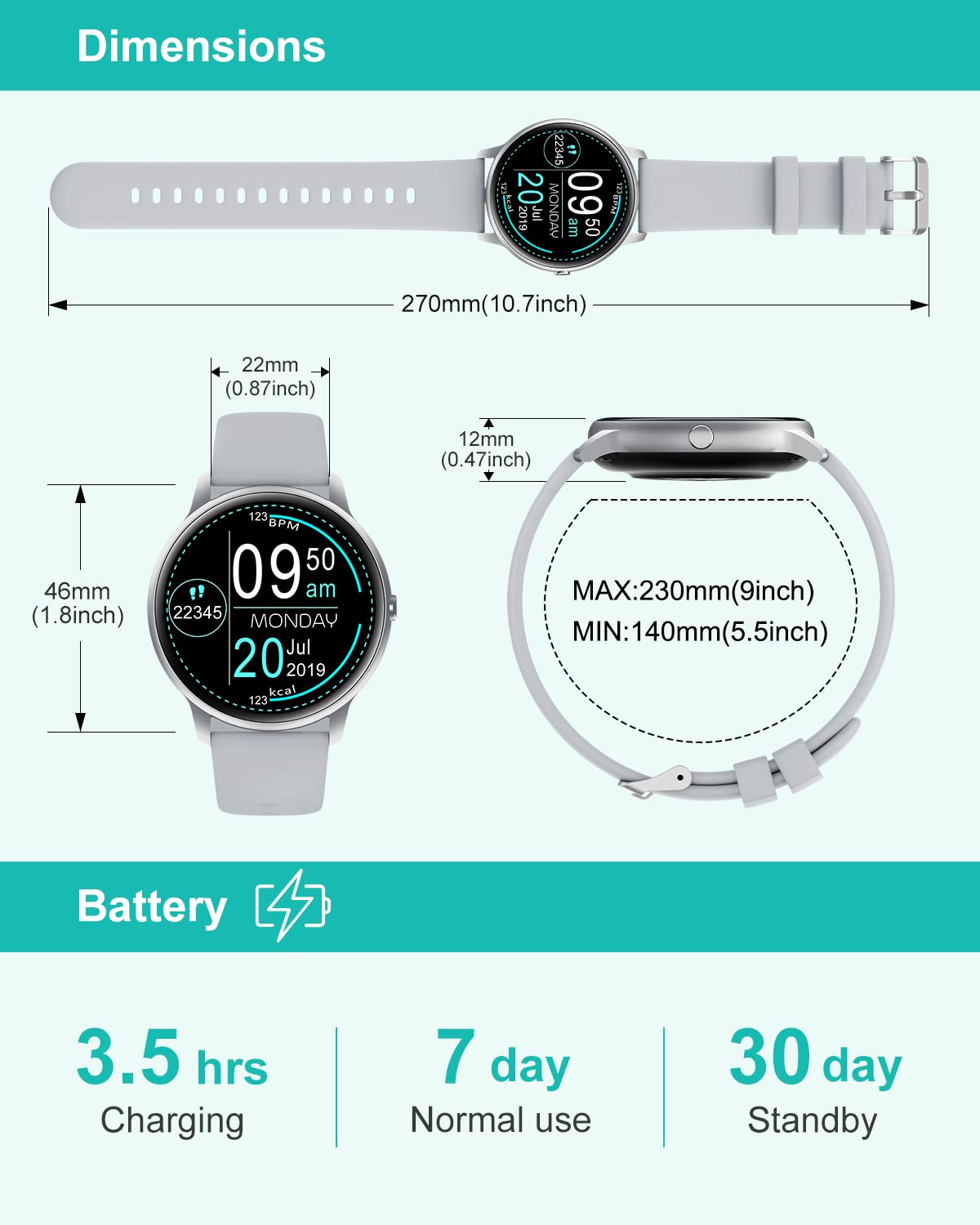 GRV Montre Connectée Smartwatch Gris + Cardio 13 Modes