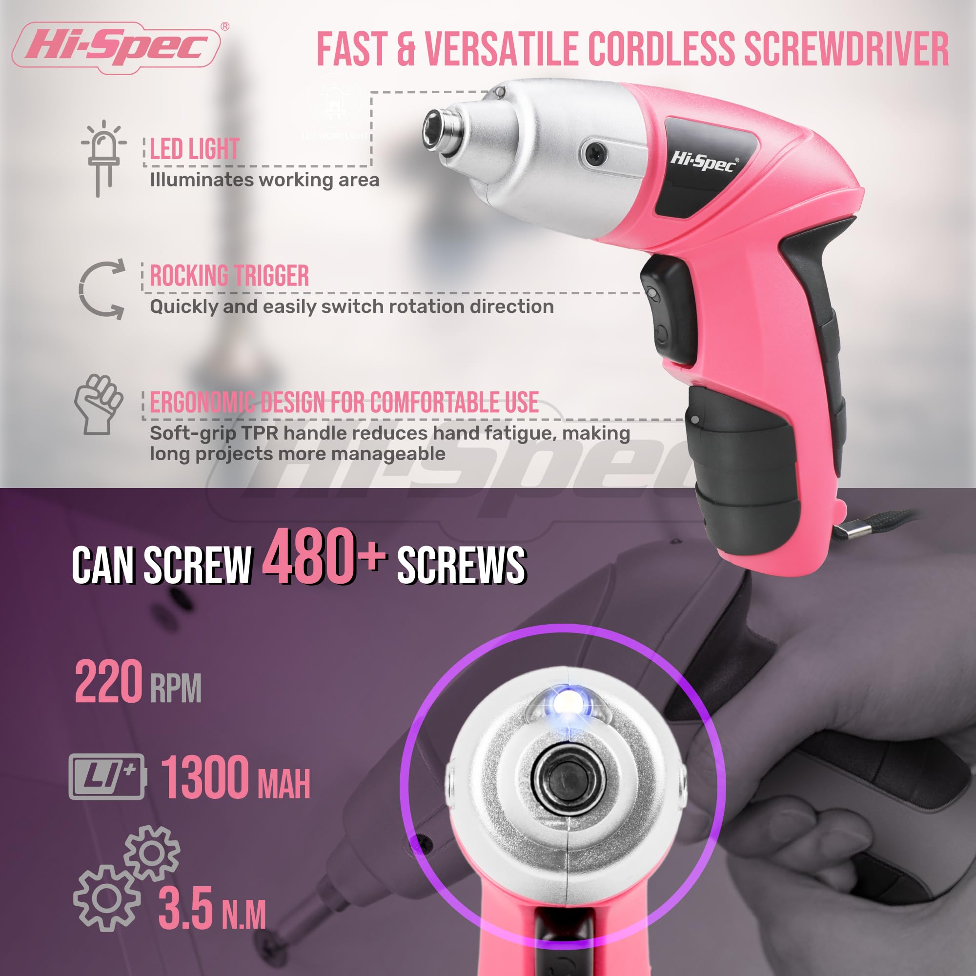 Hi-Spec Cordless Screwdrivers visseuse 3,6V rose+vert 2x19 pcs