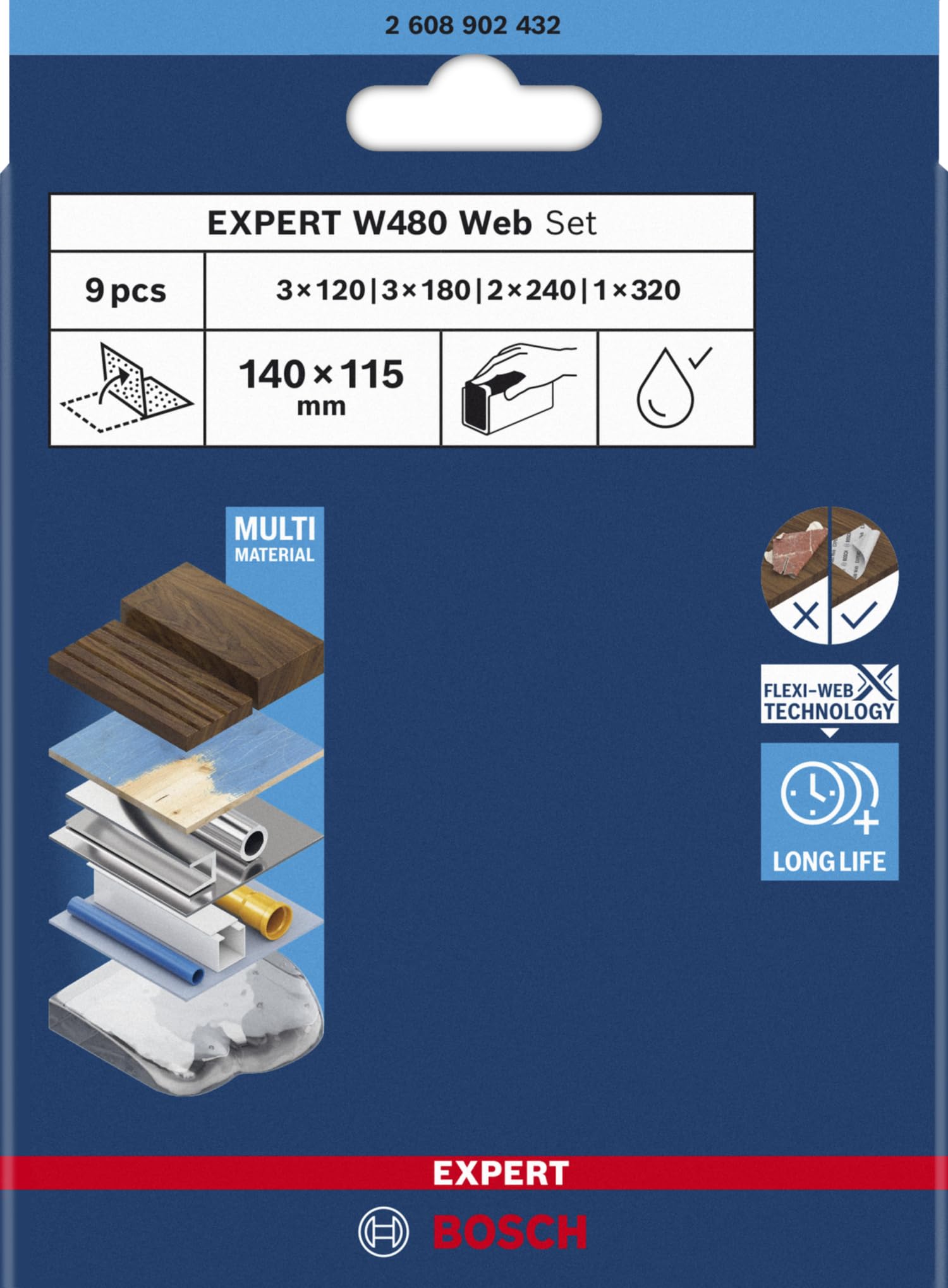 Bosch Expert W480 Web feuille abrasive 115x140 grains 120-320 9 pcs