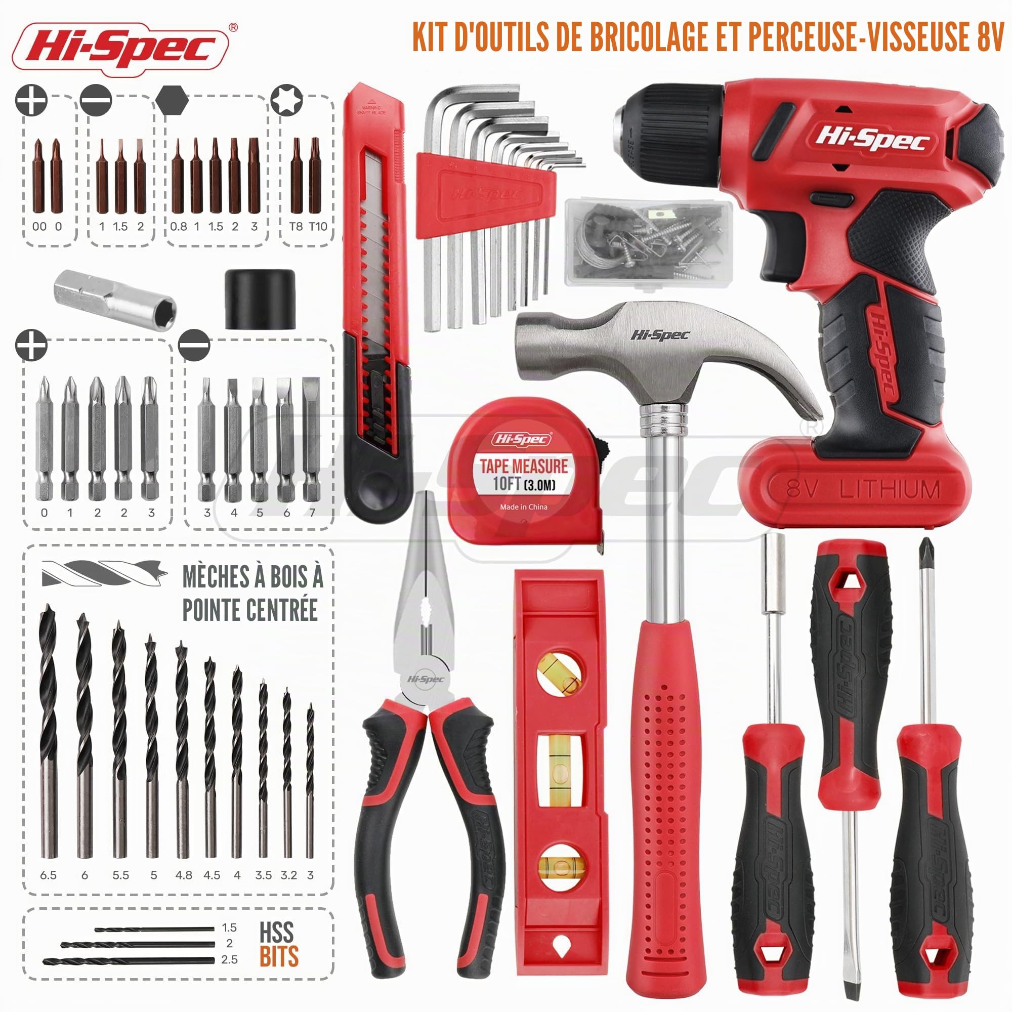 Hi-Spec Drill Drivers perceuse 8V rouge 58 pièces