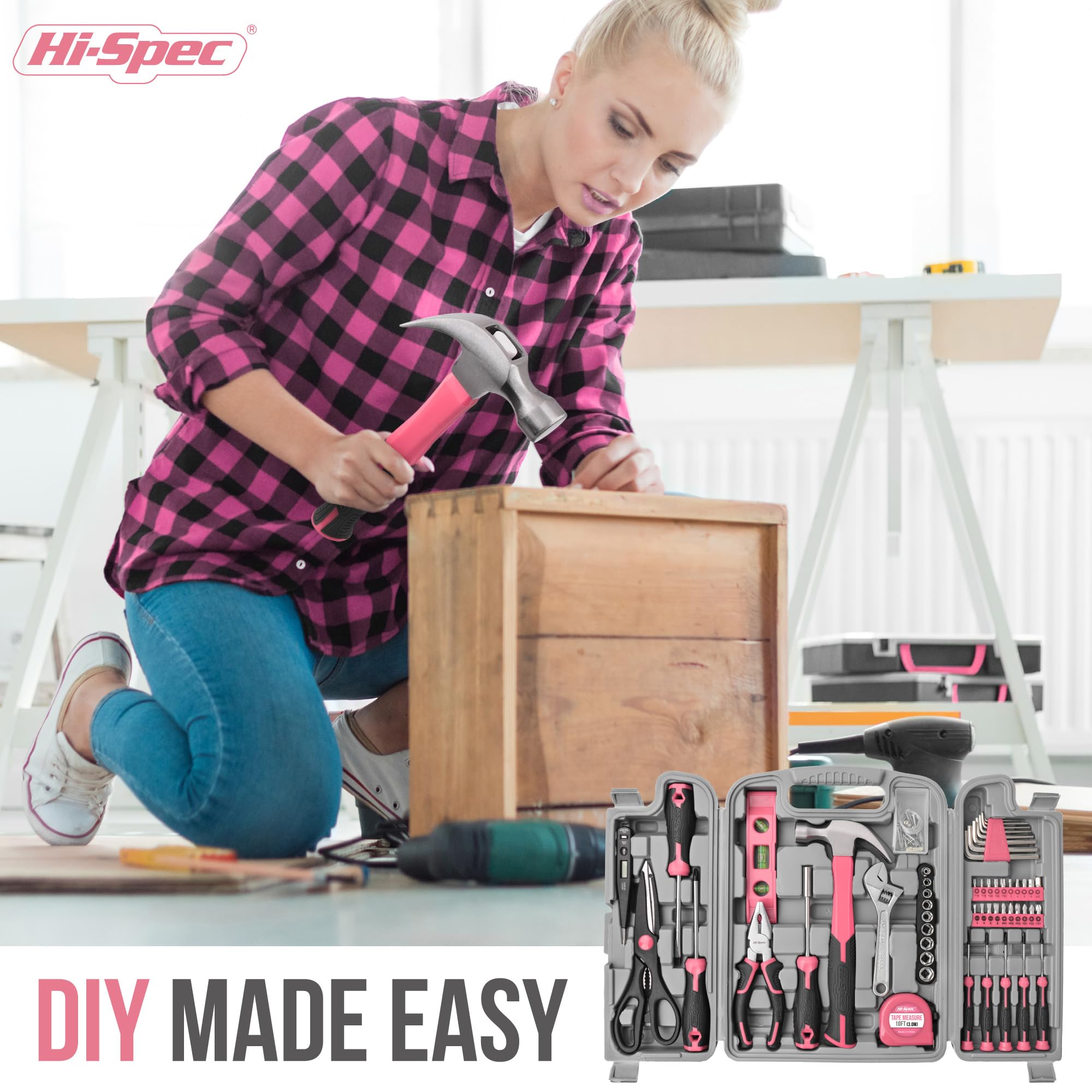 Hi-Spec Tool Kits mallette à outils 56 pièces rose marteau