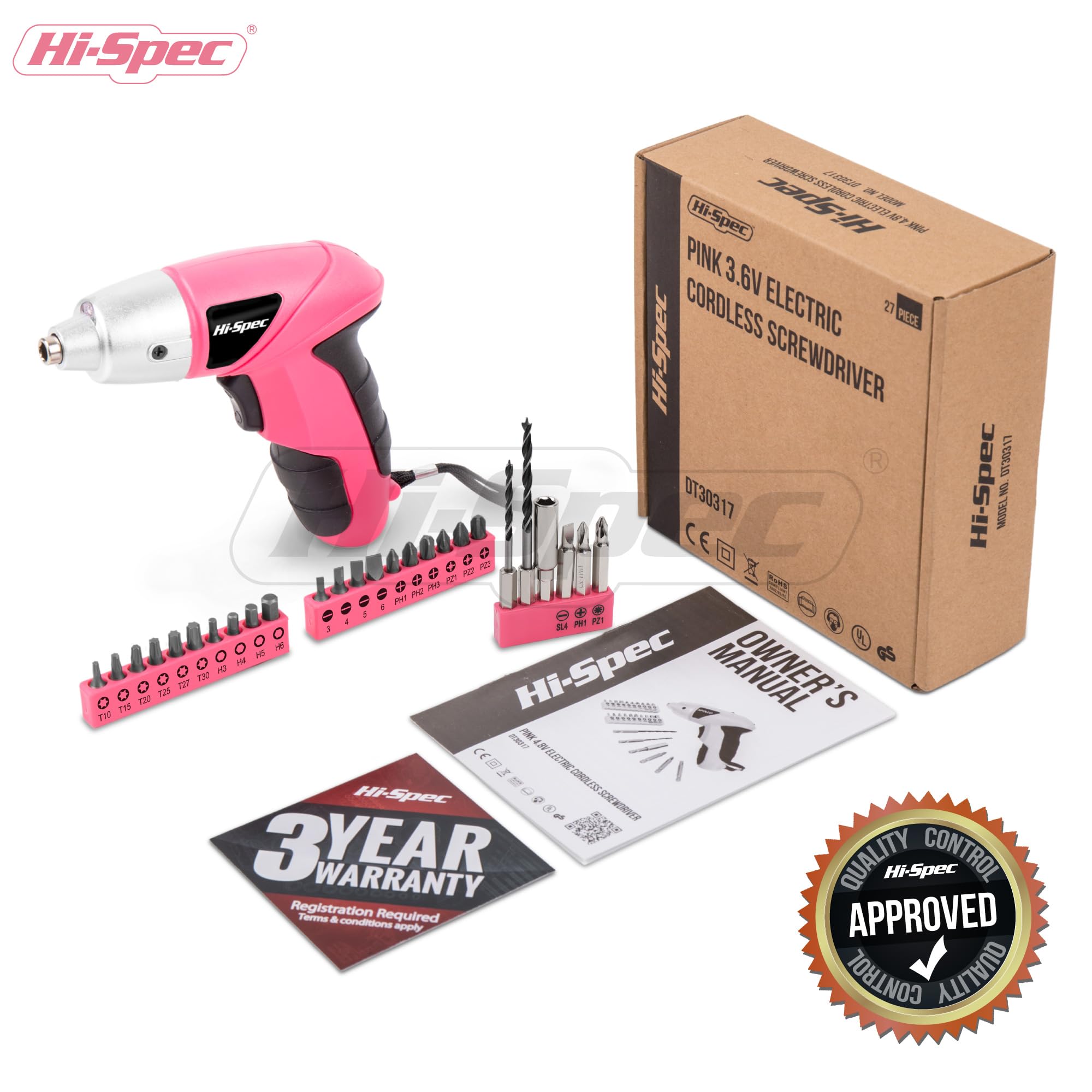 Hi-Spec Tournevis Électrique 3,6V Rose 27 Pièces Sans Fil