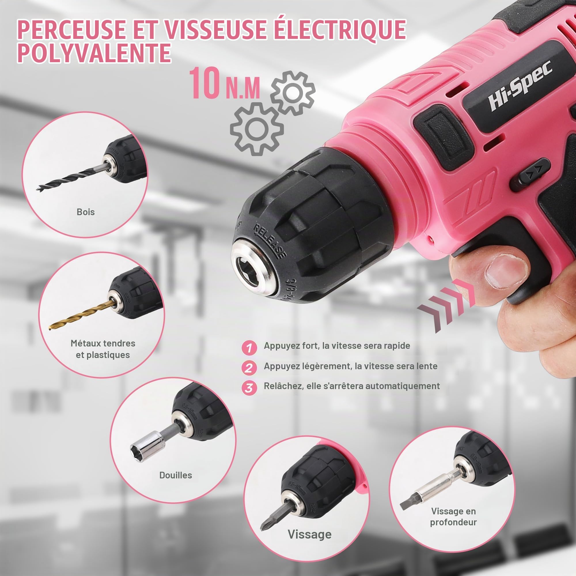 Hi-Spec Drill Drivers perceuse visseuse 8V rose mallette USB