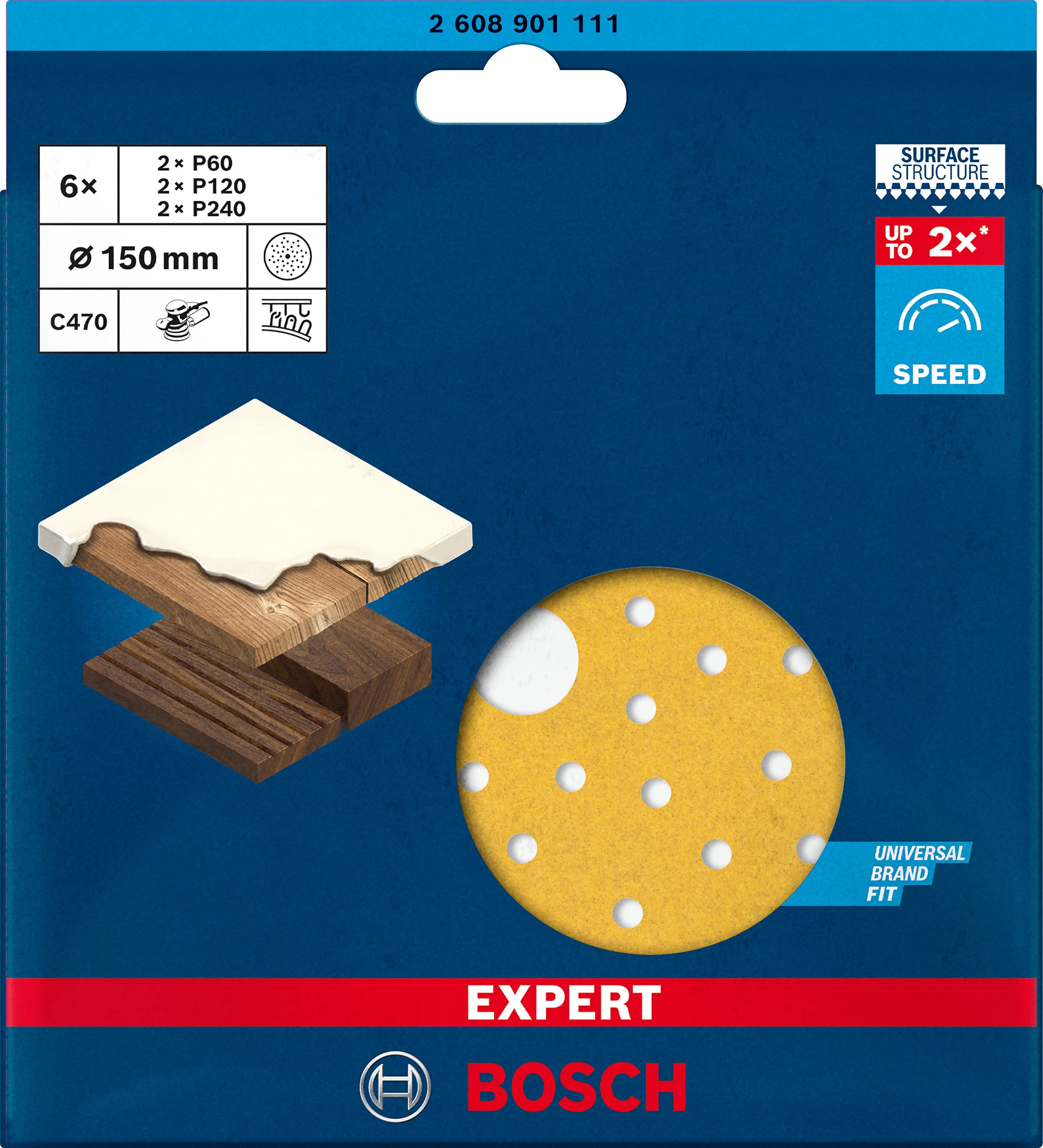 Bosch EXPERT C470 feuilles abrasives 150 mm G60/120/240 x6