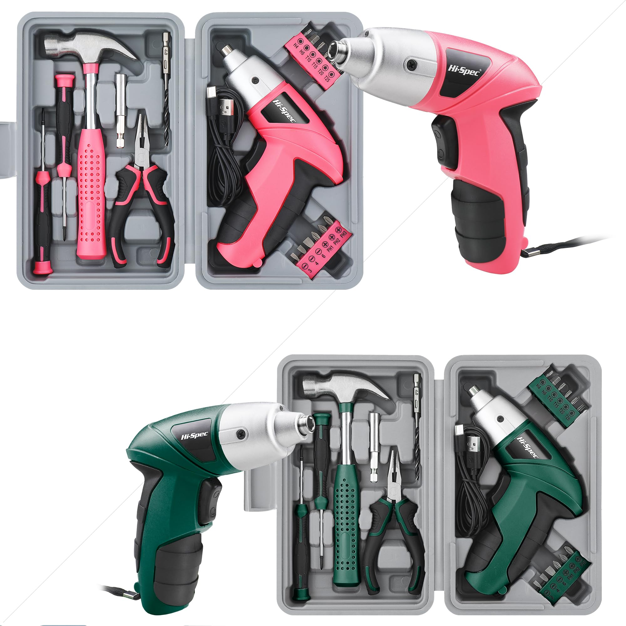 Hi-Spec Cordless Screwdrivers visseuse 3,6V rose+vert 2x19 pcs