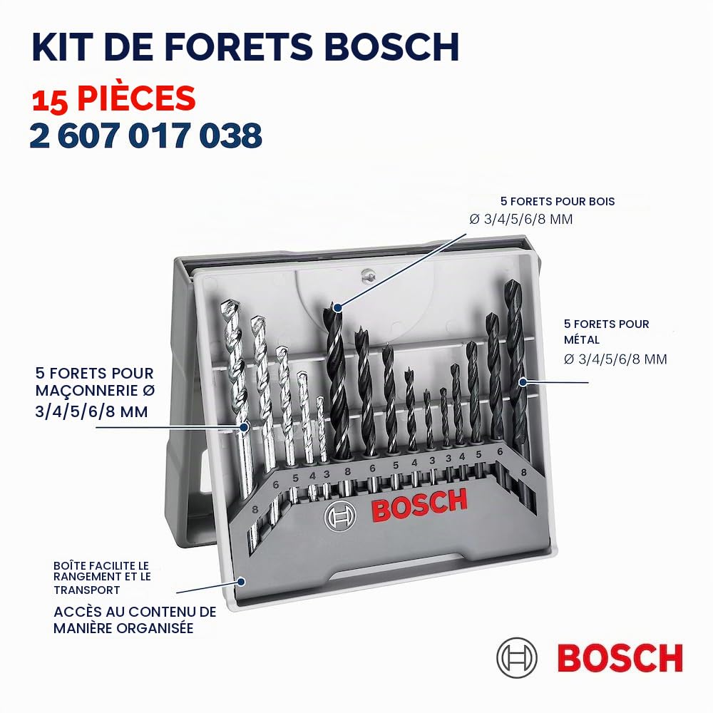Bosch coffret mèches mixtes métal bois pierre 15 pièces