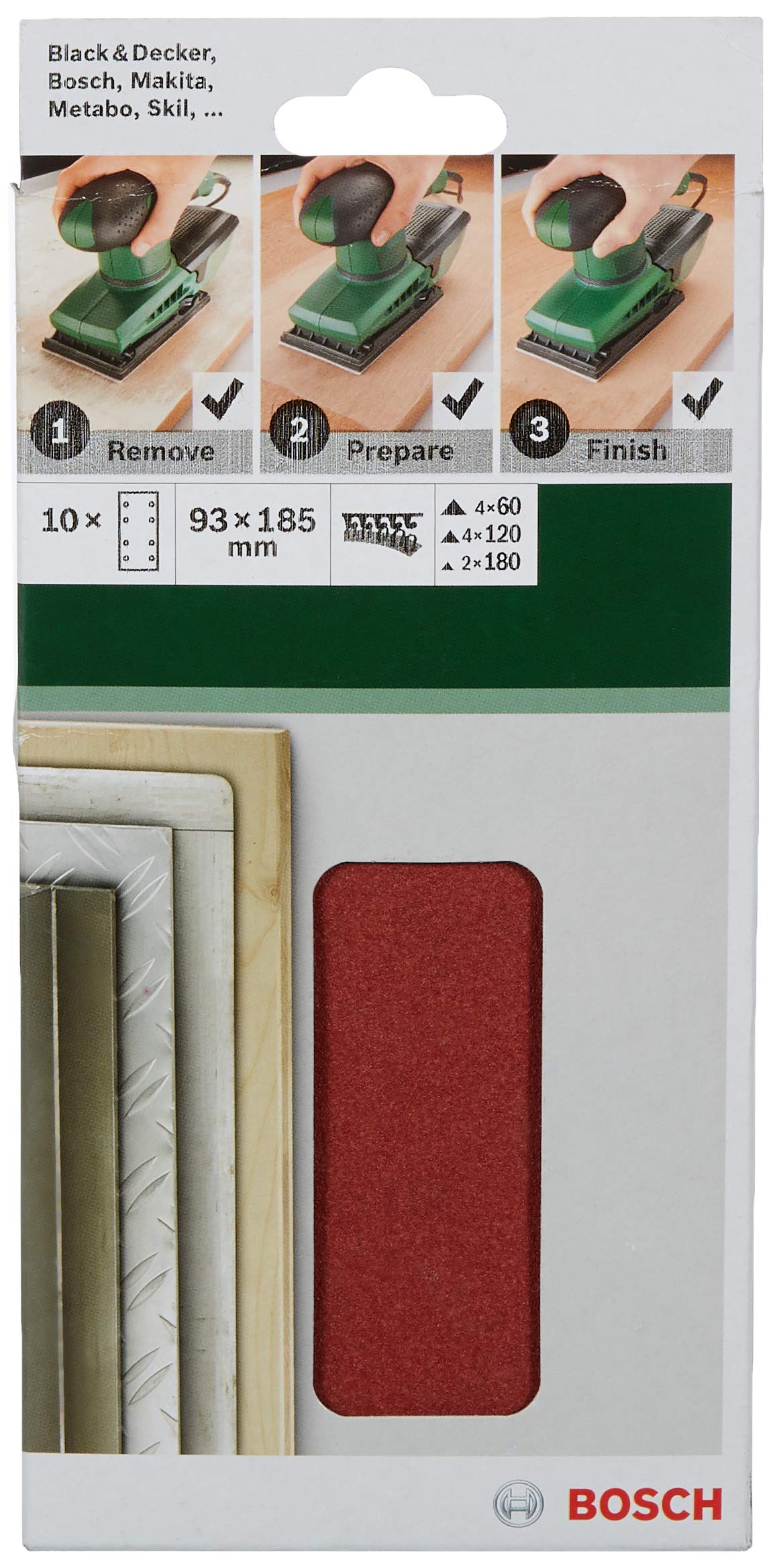 Bosch Abrasifs feuilles 93x185 mm grain 180 lot 10