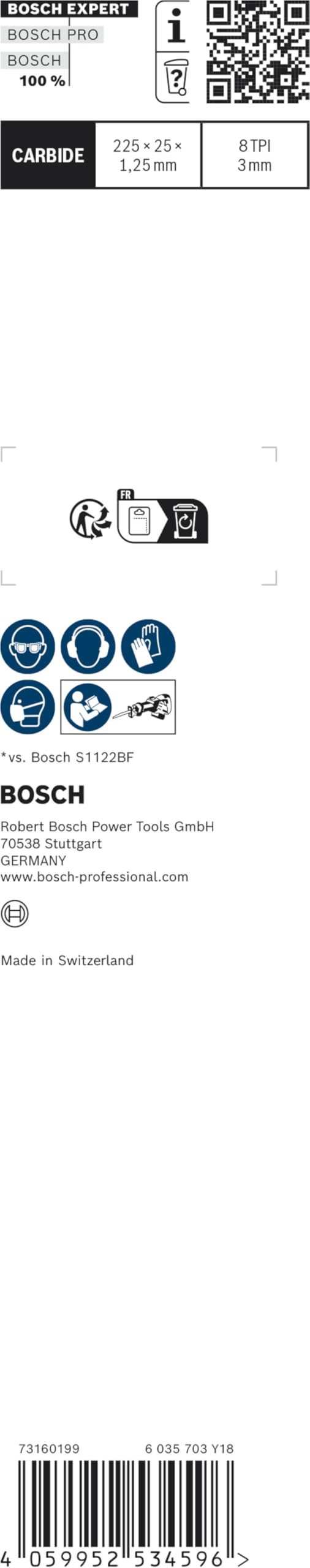 Bosch S1155CHC lame scie sabre métal 225mm x3 carbure