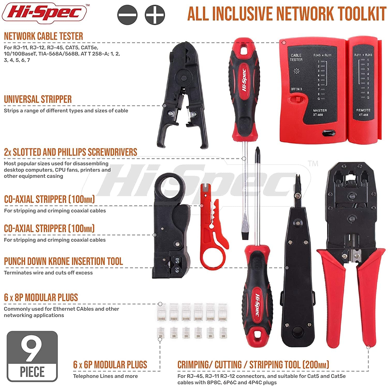 Hi-Spec Repair 9 pièces kit réseau RJ45 testeur câble