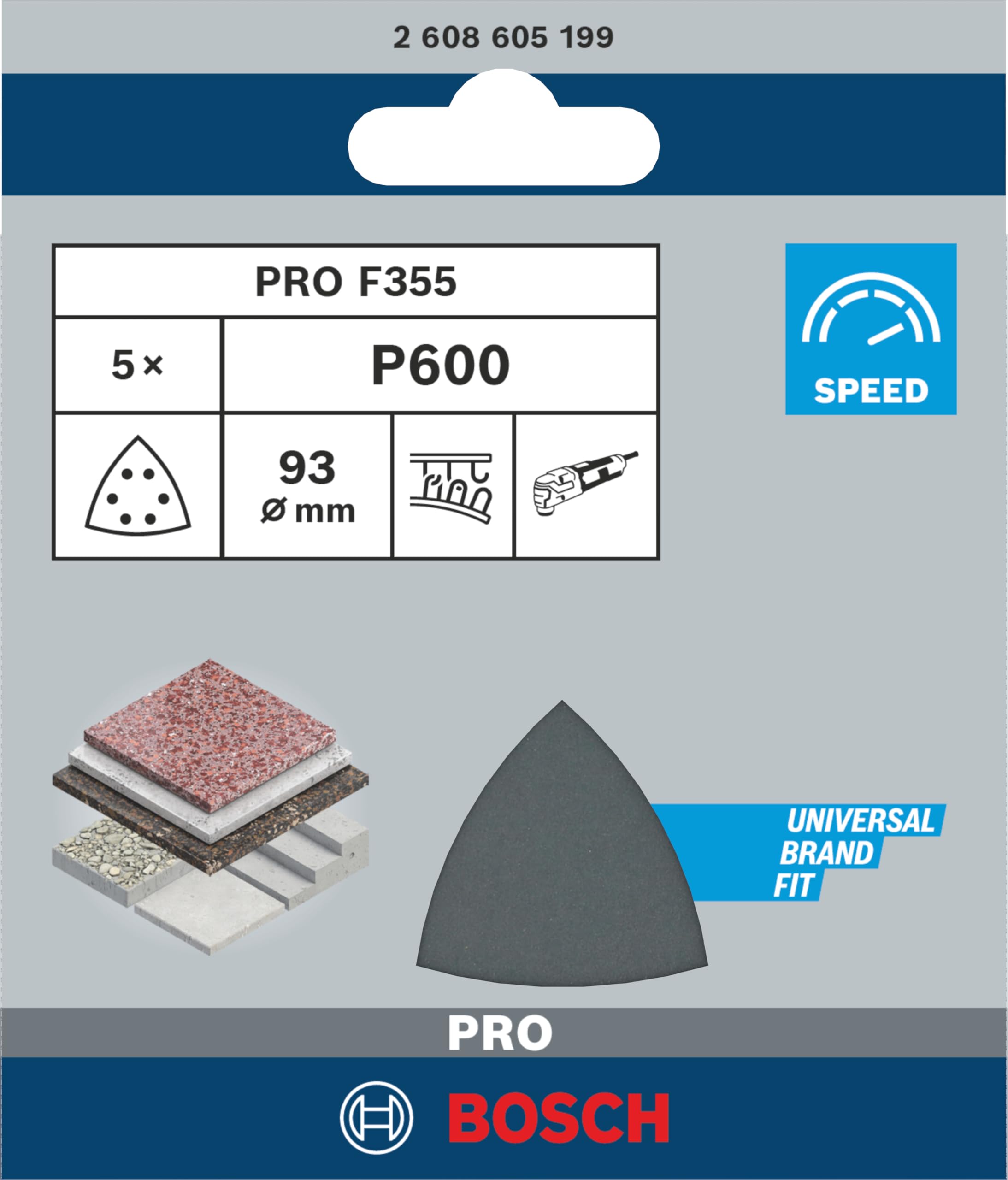 Bosch Pro F355 feuille abrasive delta 93 mm grain 600 5 pcs